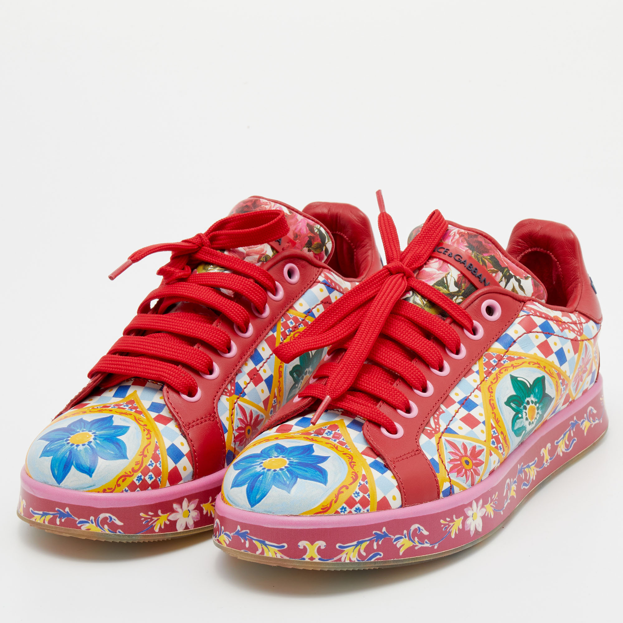 

Dolce & Gabbana Multicolor Majolica Print Leather Low Top Sneakers Size