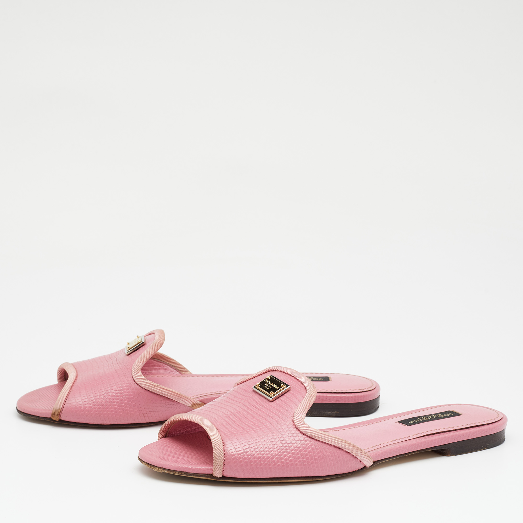 

Dolce & Gabbana Pink Lizard Embossed Leather Flat Slides Size