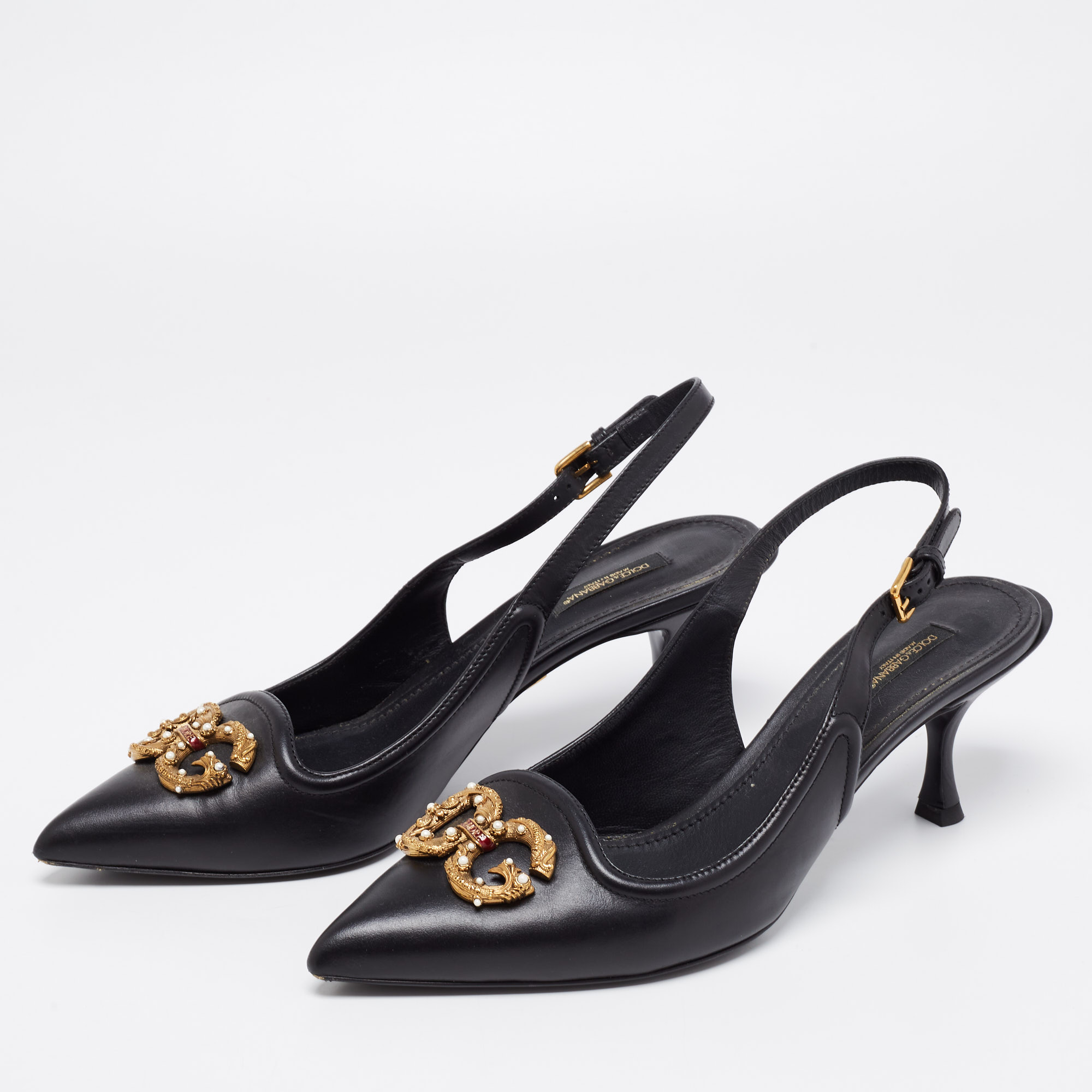 

Dolce & Gabbana Black Leather DG Amore Slingback Pumps Size