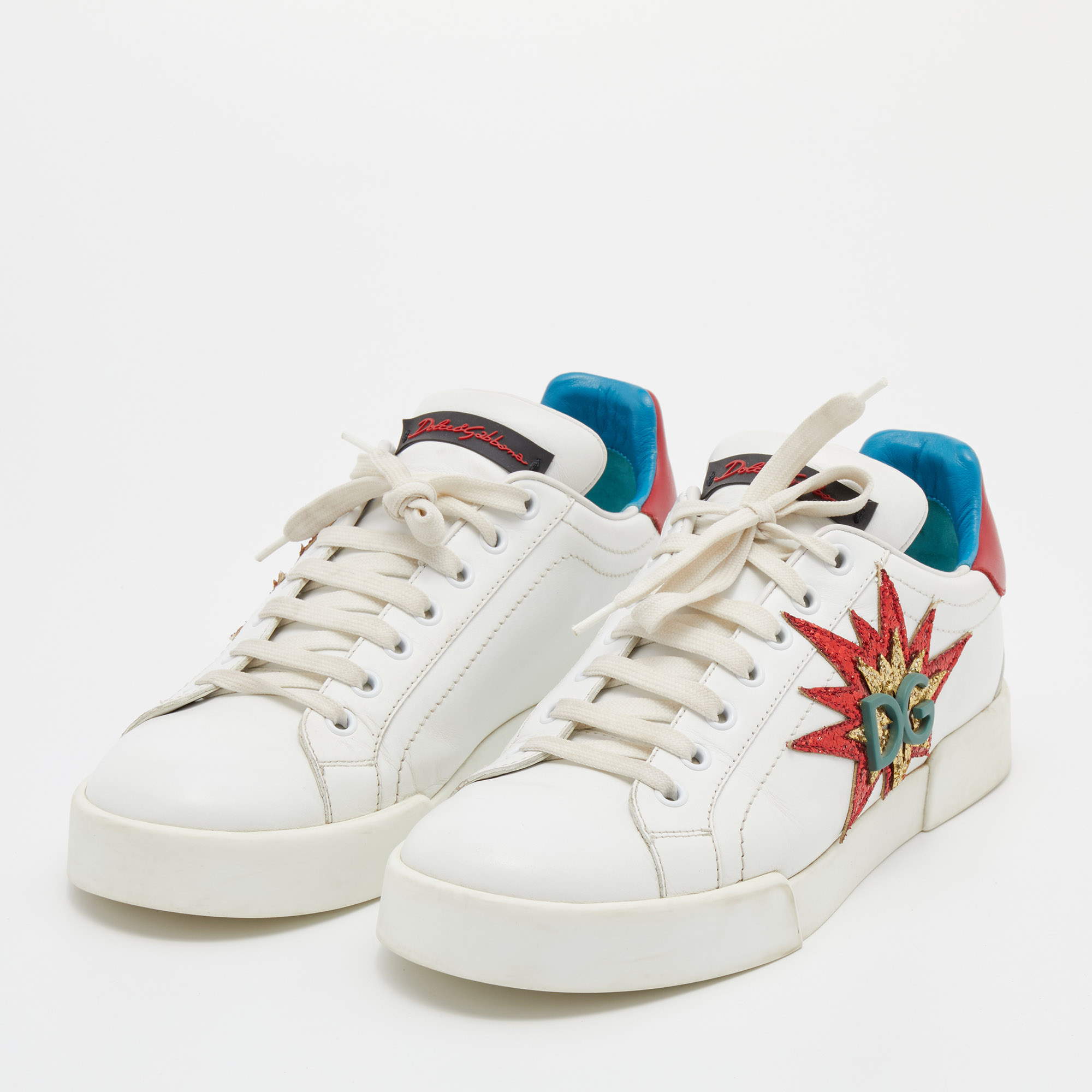 

Dolce & Gabbana White/Red Leather Glitter Logo Portofino Low Top Sneakers Size