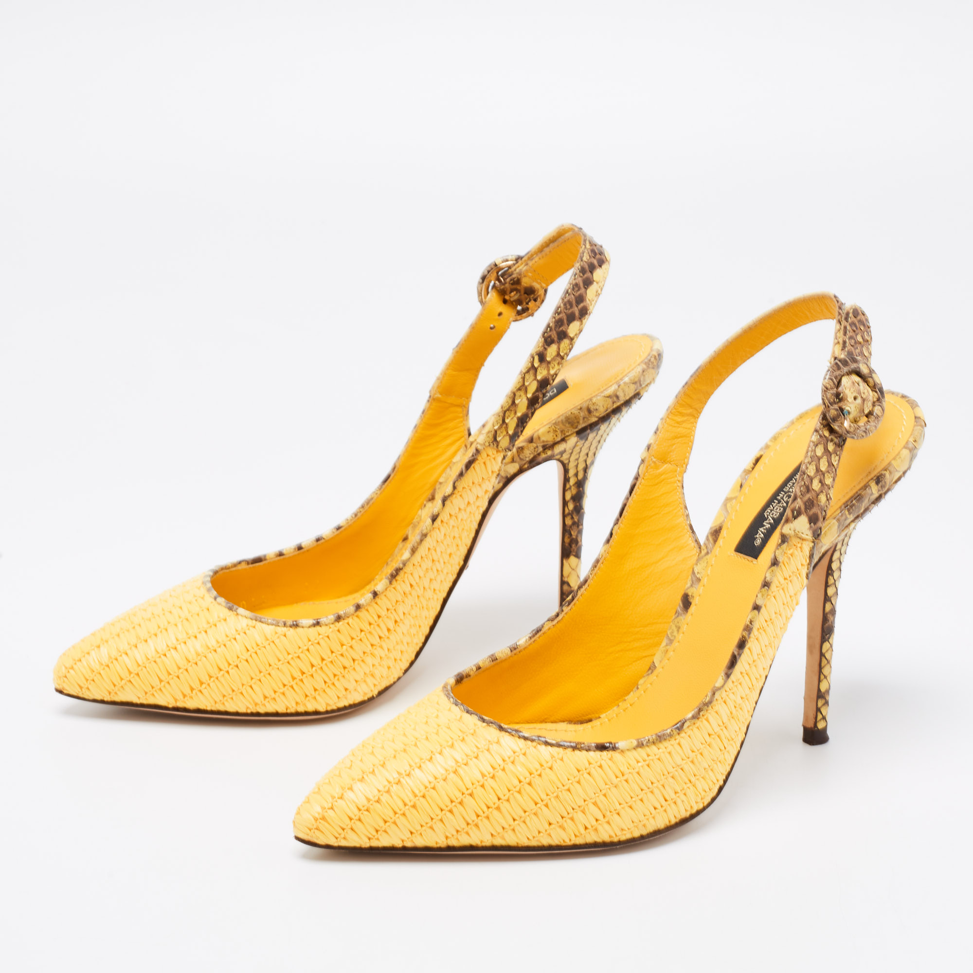 

Dolce & Gabbana Yellow/Brown Woven Raffia And Python Pointed Toe Slingback Sandals Size