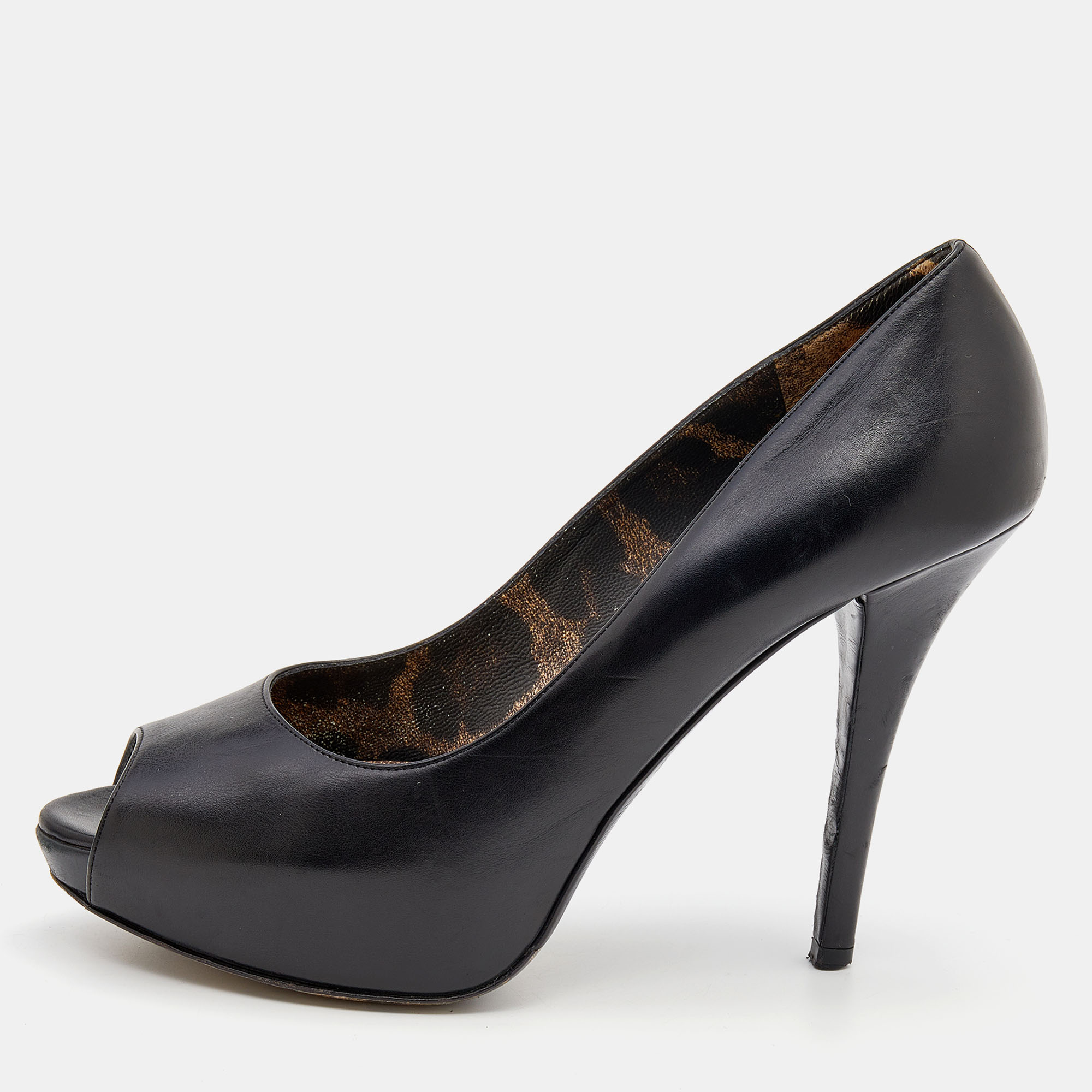 Pre-owned Dolce & Gabbana Black Leather Peep Toe Platform Pumps Size 38.5