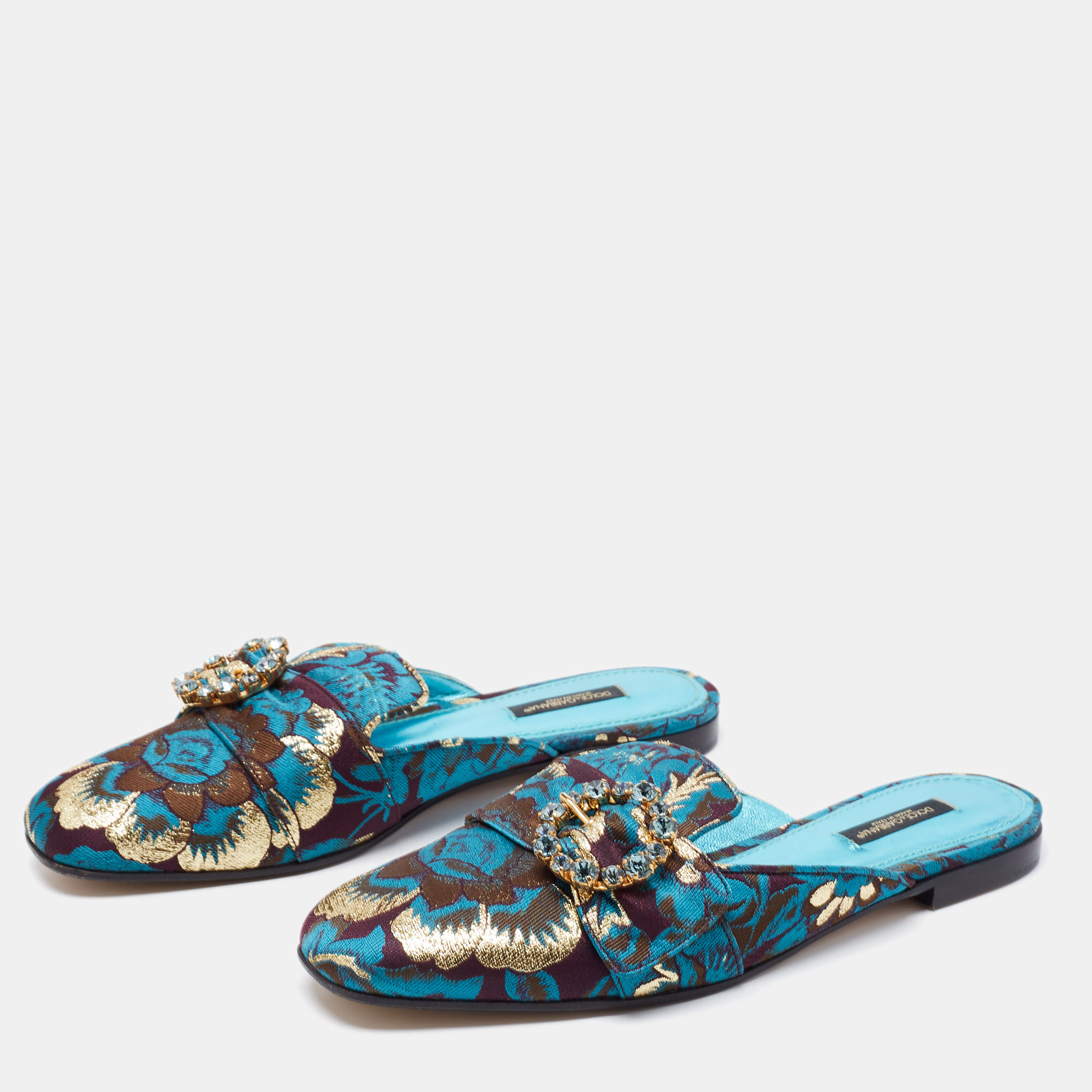 

Dolce & Gabbana Blue Brocade Fabric Crystal Embellished Flat Mules Size