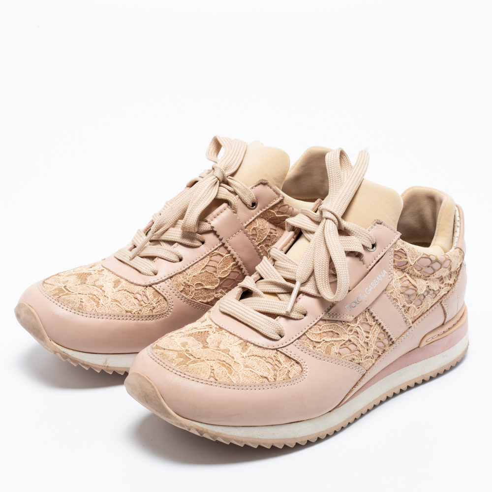 

Dolce & Gabbana Pink Floral Lace And Leather Low Top Sneakers Size
