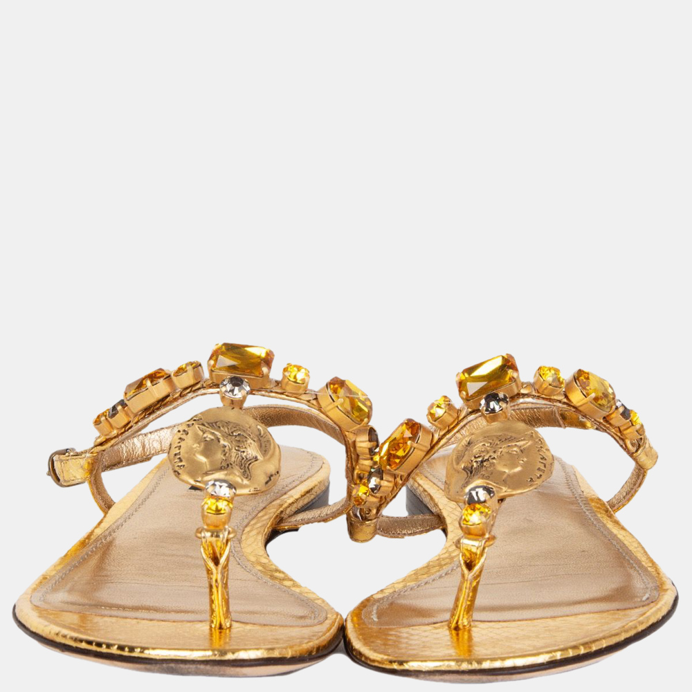

Dolce & Gabbana Metallic Gold Tone Crystal Embellished Thongs EU
