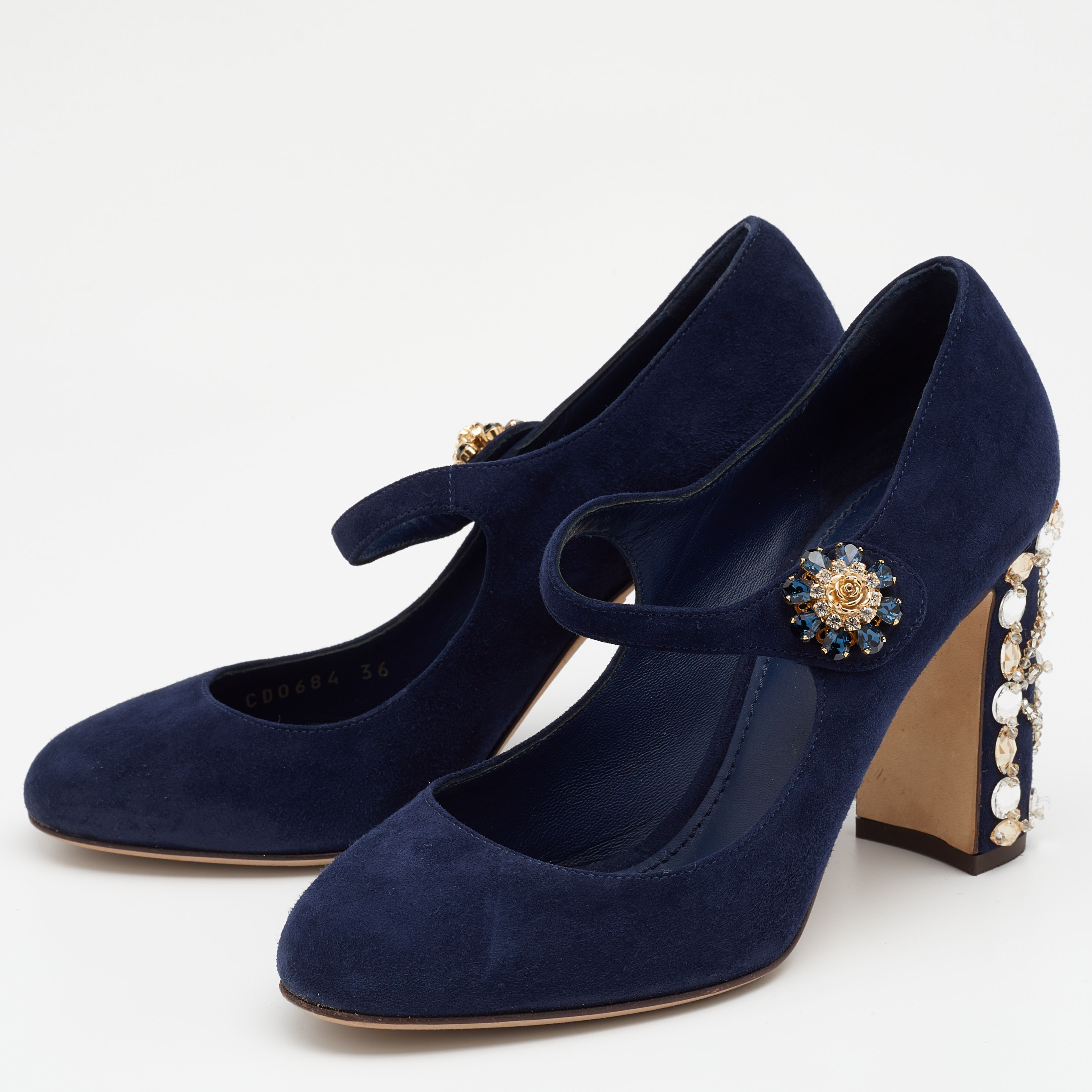 

Dolce & Gabbana Navy Blue Suede Crystal Embellished Block Heel Mary Jane Pumps Size
