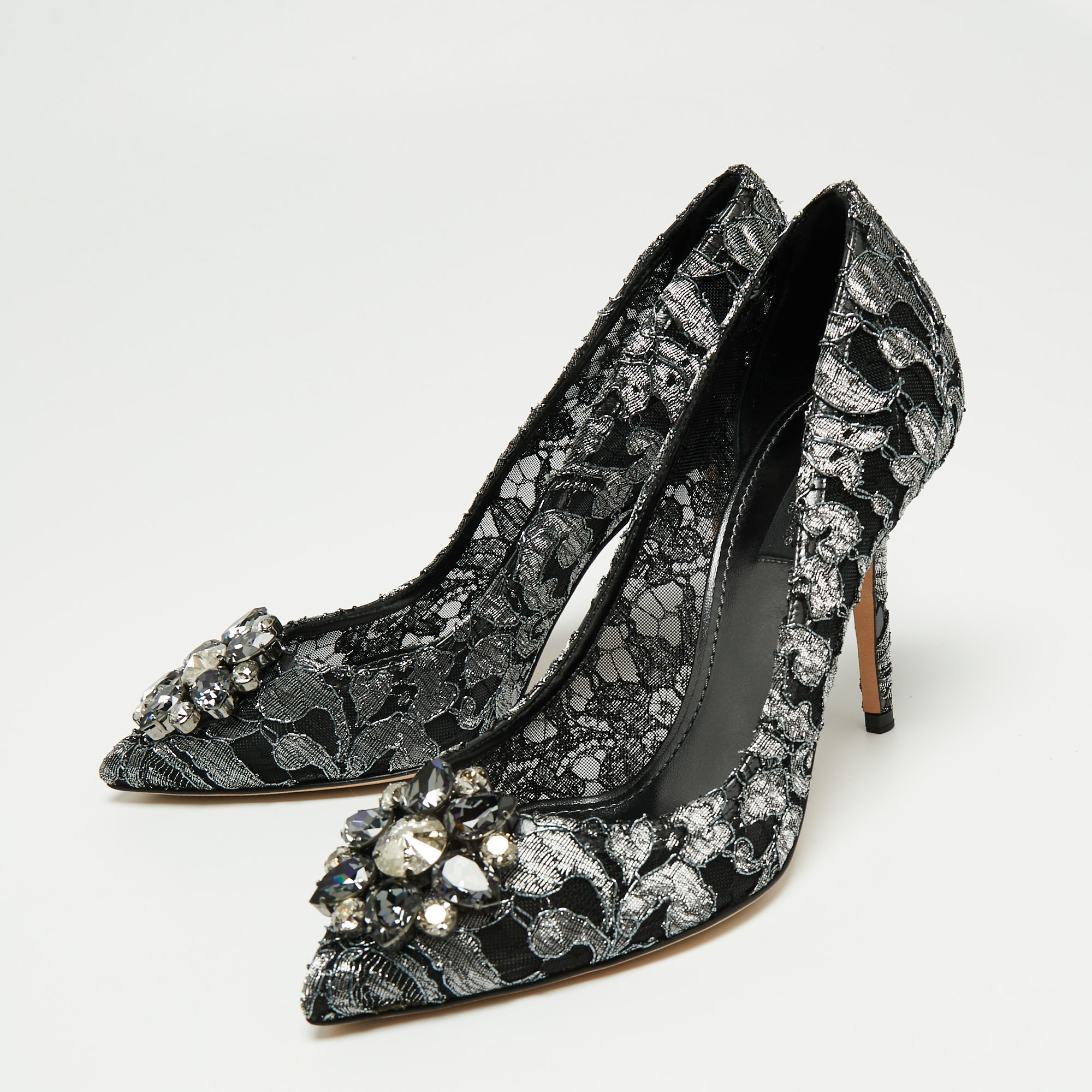 

Dolce & Gabbana Metallic Grey/Black Floral Lace And Mesh Bellucci Pointed Toe Pumps Size