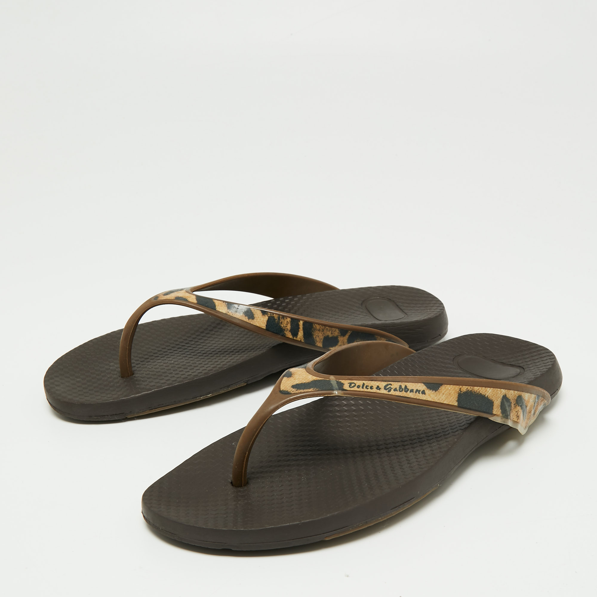 

Dolce & Gabbana Brown/Black Tiger Print Rubber Thong Sandals Size