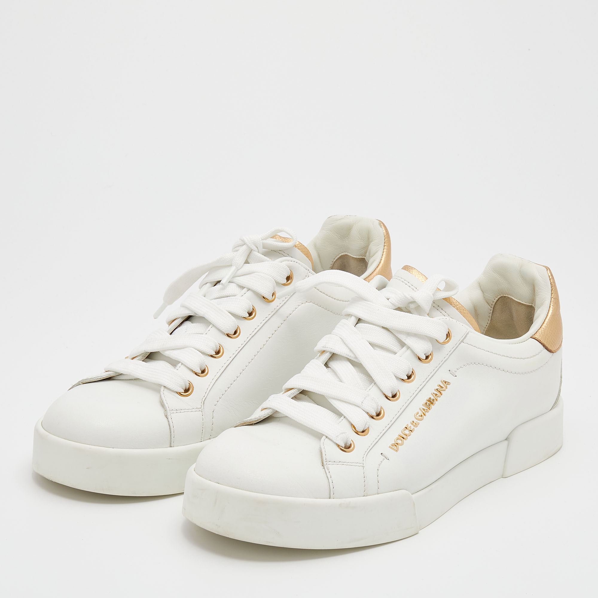 

Dolce & Gabbana White/Gold Leather Portofino Embellished Low Top Sneakers Size