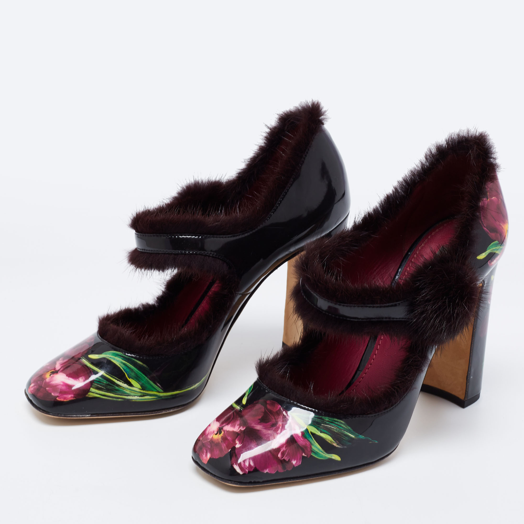 

Dolce & Gabbana Burgundy/Black Floral Print Patent Leather and Fur Trim Mary Jane Pumps Size