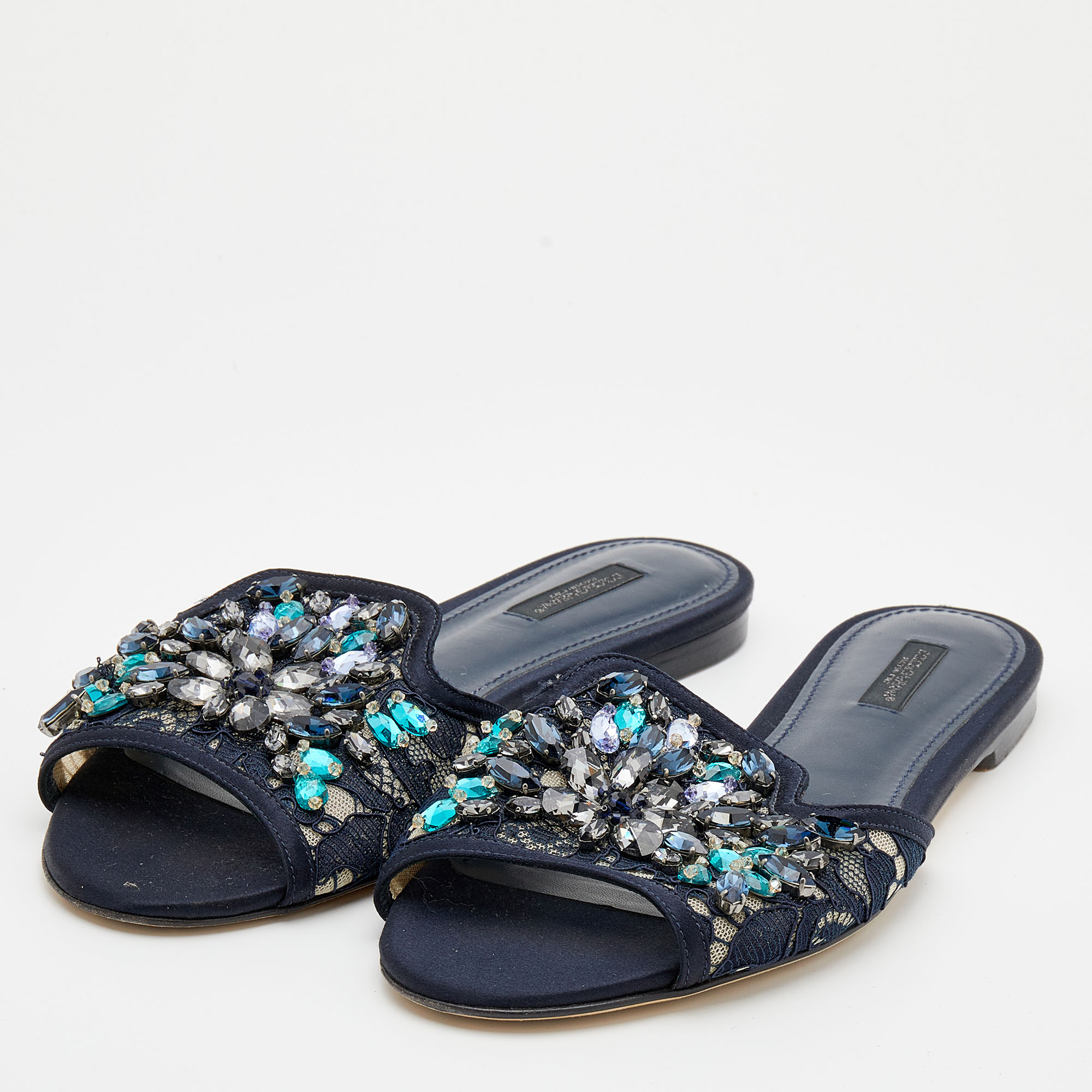 

Dolce & Gabbana Navy Blue Lace and Satin Crystal Embellished Bianca Flat Slides Size