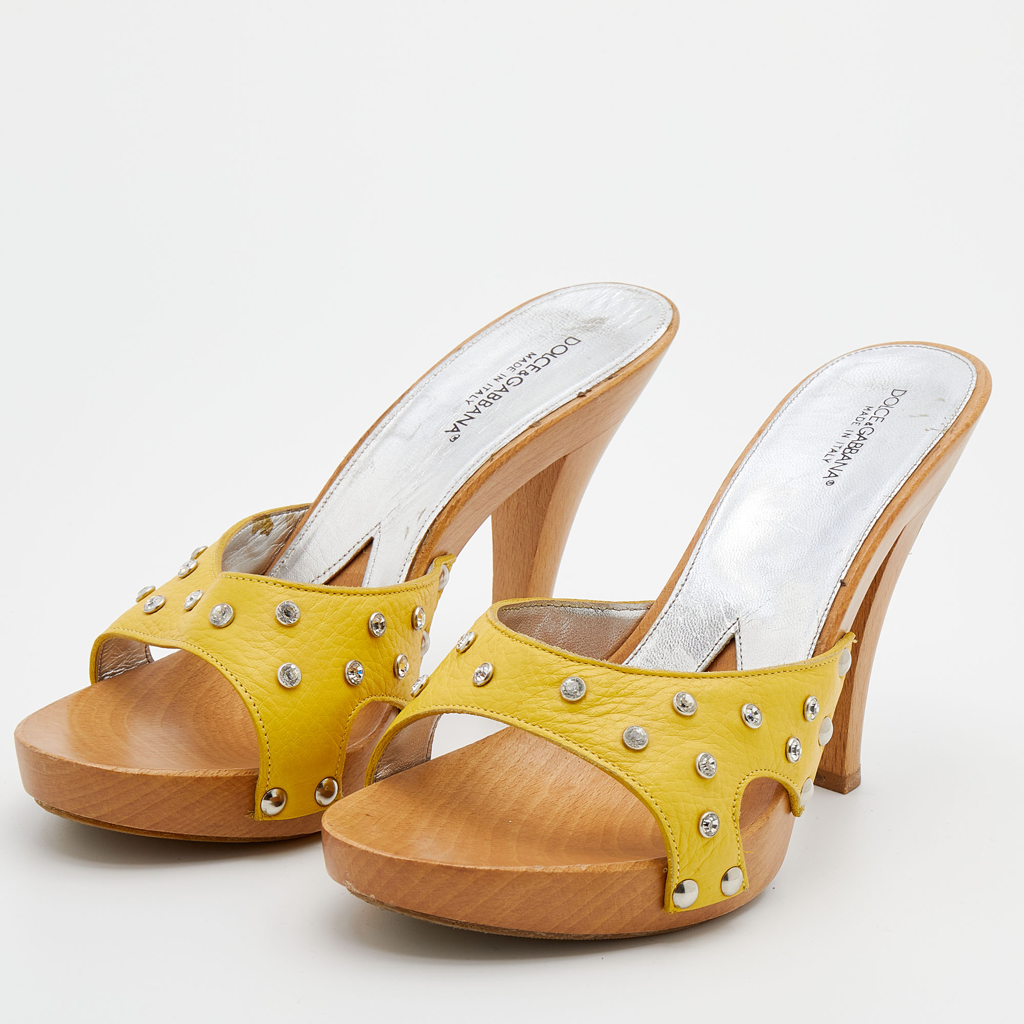 

Dolce & Gabbana Yellow Leather Crystal Embellished Wooden Platform Slide Sandals Size