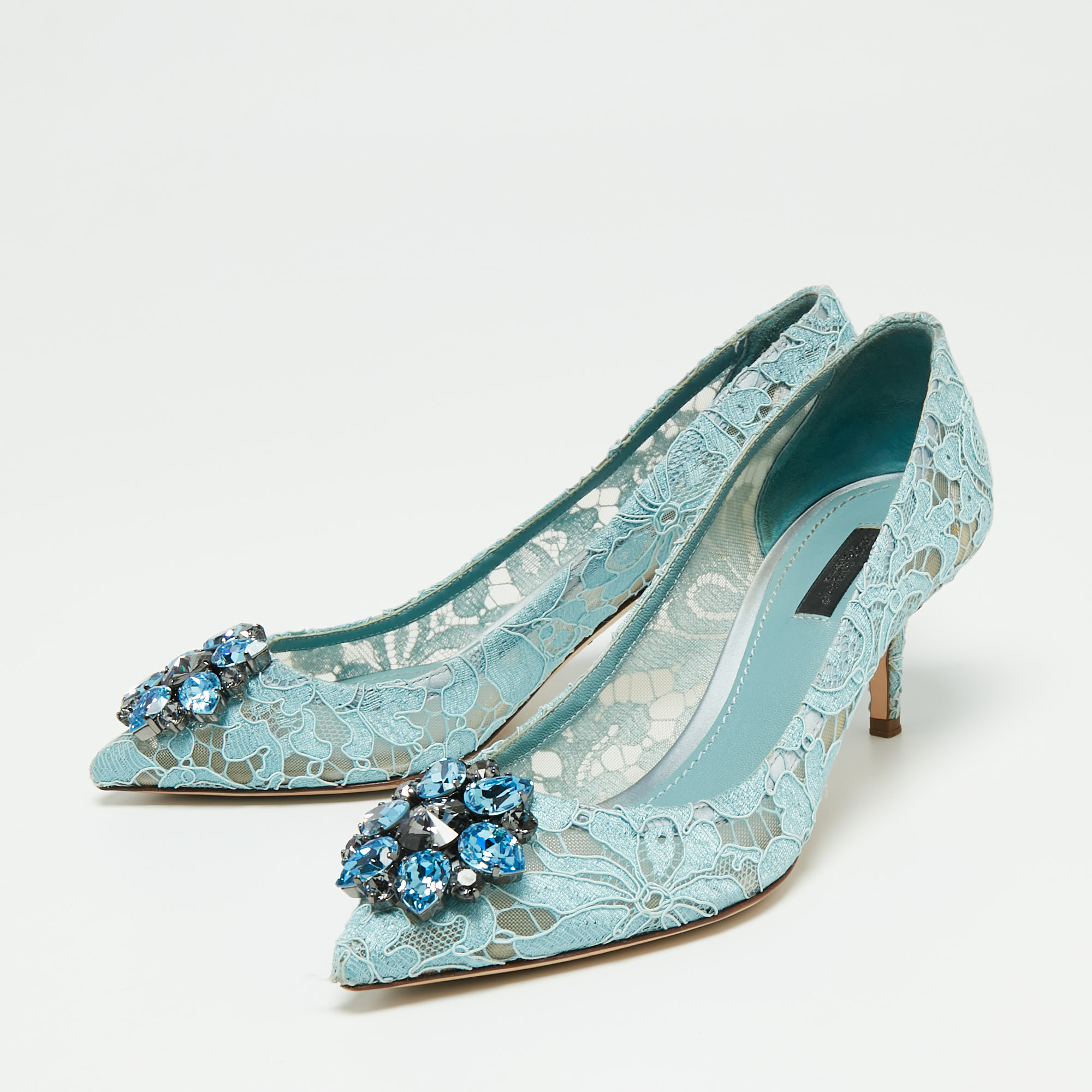 

Dolce & Gabbana Blue Lace Crystal Brooch Embellished Bellucci Pumps Size