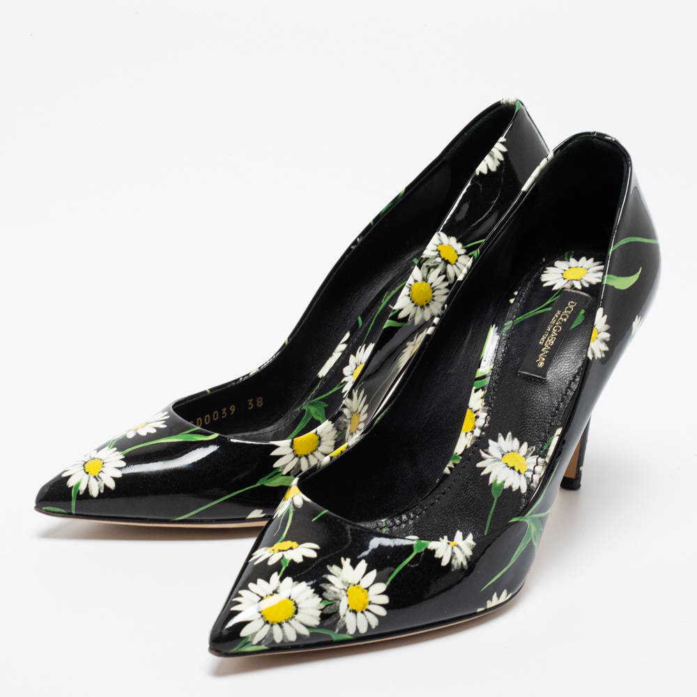 

Dolce & Gabbana Black Patent Leather Sunflower Printed Pointed Toe Pump Size