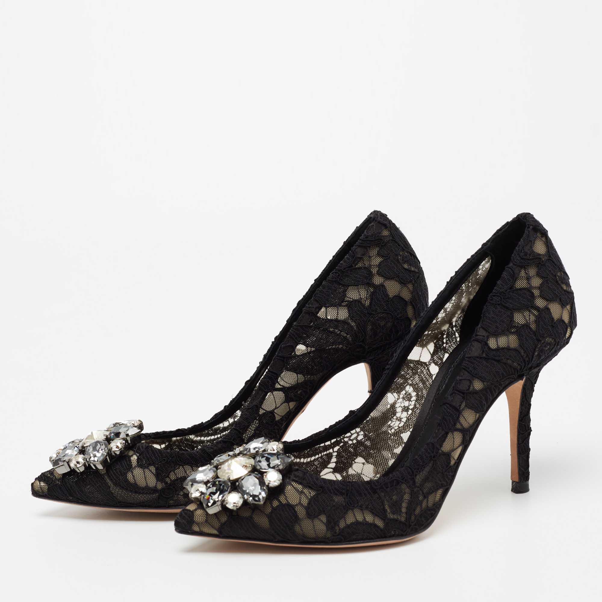 

Dolce & Gabbana Black Lace And Mesh Crystal Embellished Brooch Detail Rainbow Pumps Size