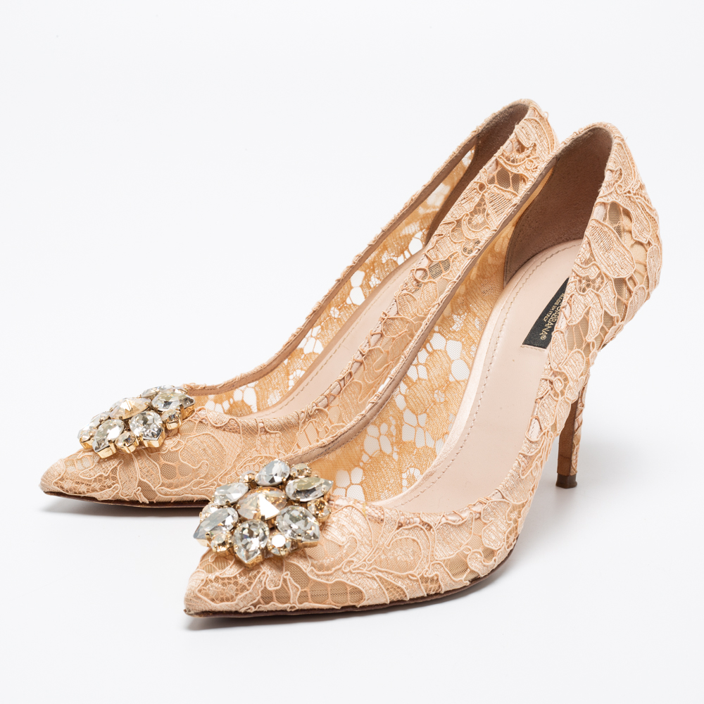 

Dolce & Gabbana Beige Lace Crystal Embellished Bellucci Pointed Toe Pumps Size
