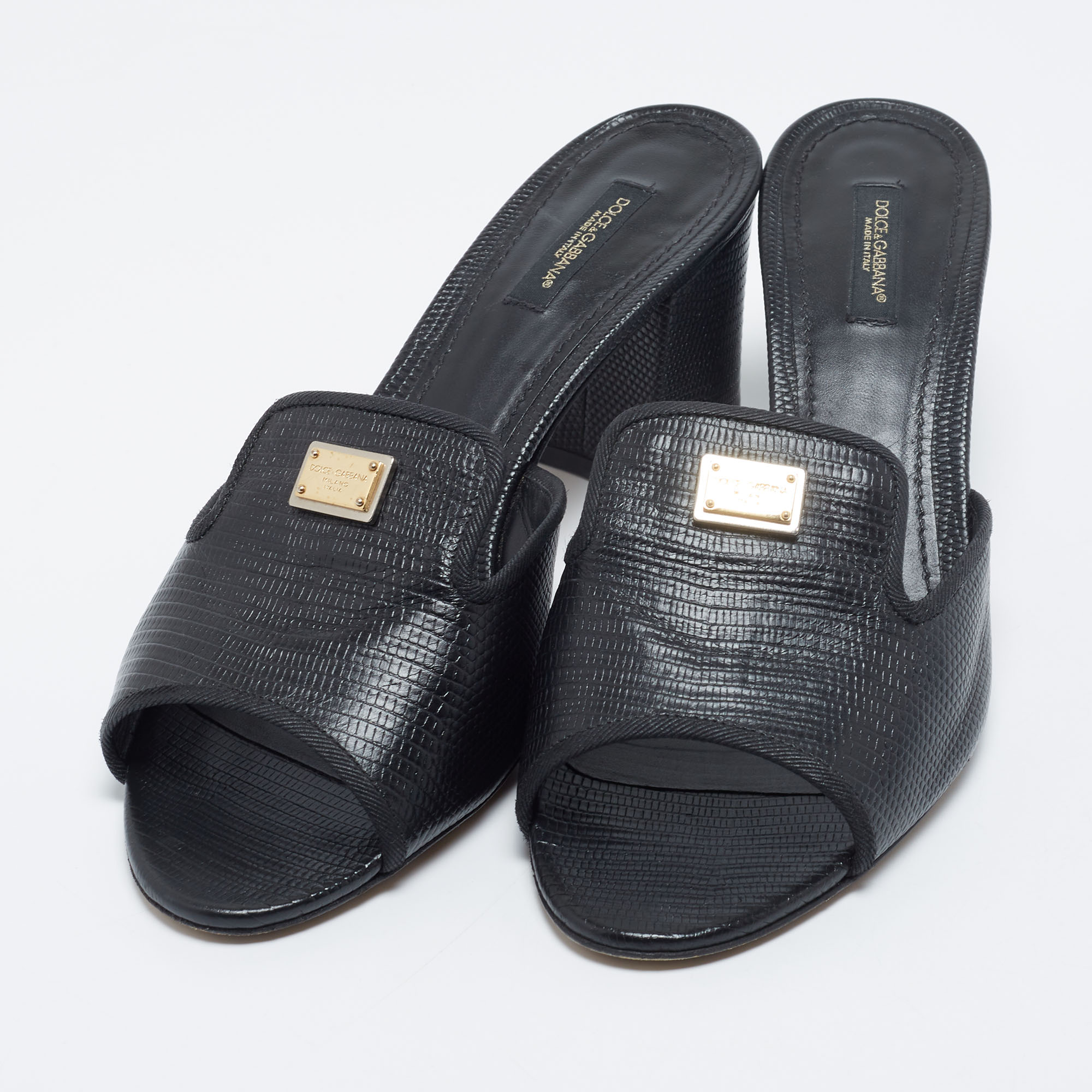 

Dolce & Gabbana Black Lizard Embossed Leather Slide Sandals Size