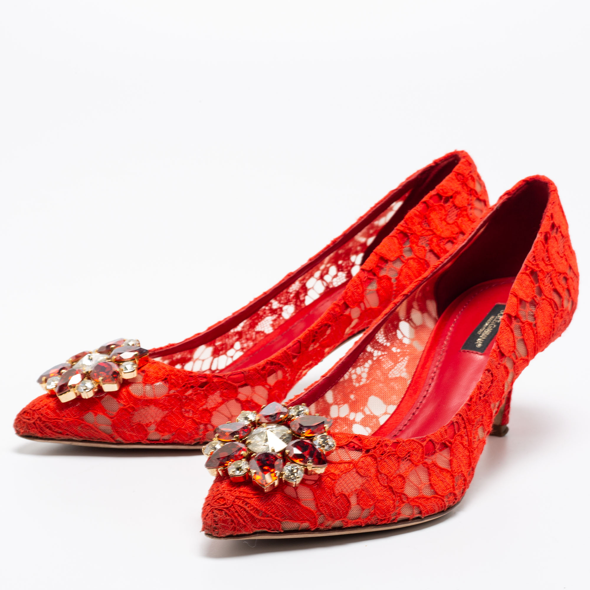 

Dolce & Gabbana Orange Lace Bellucci Crystal Embellished Pointed Toe Pumps Size