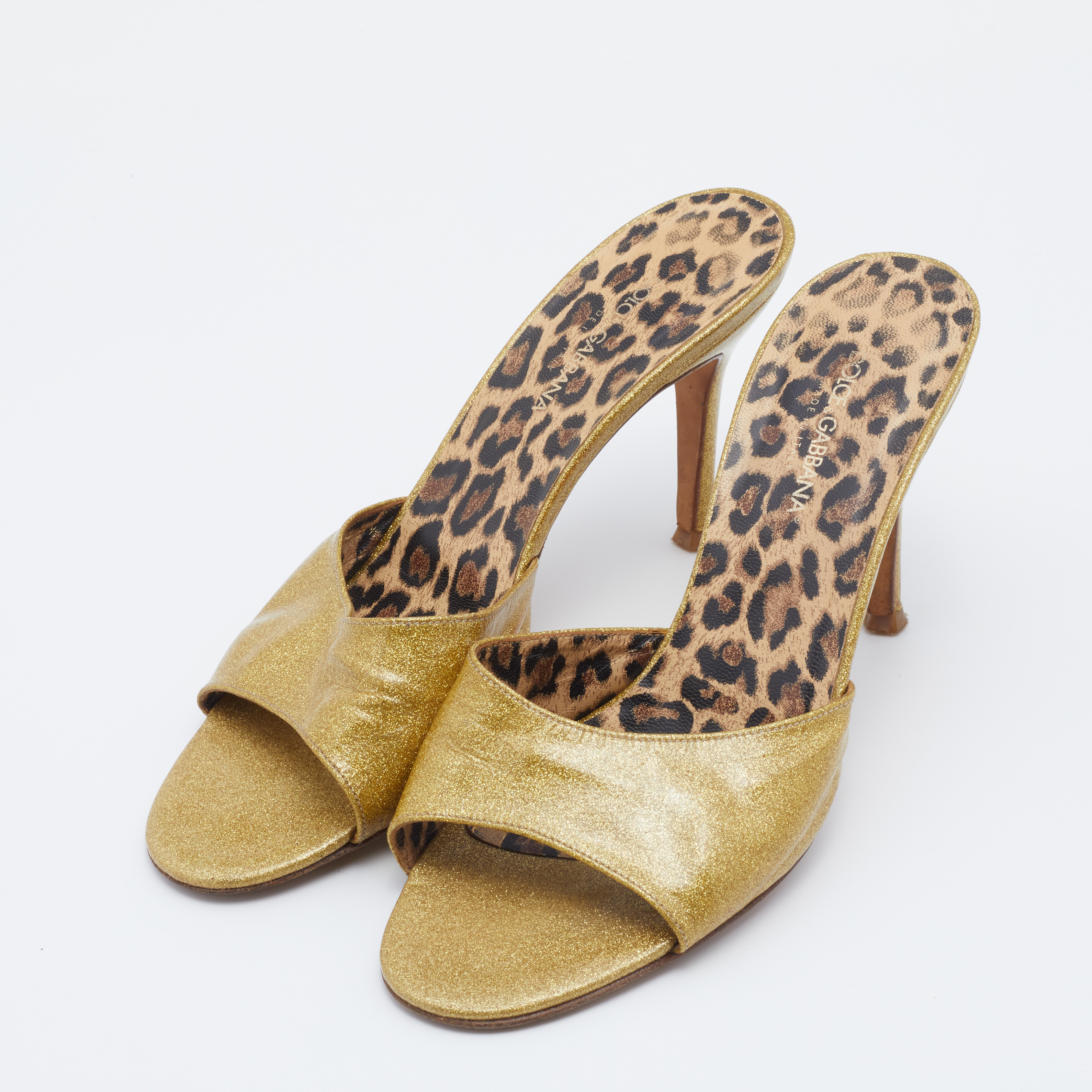 

Dolce & Gabbana Metallic Gold Glitter Leather Open Toe Slide Sandals Size