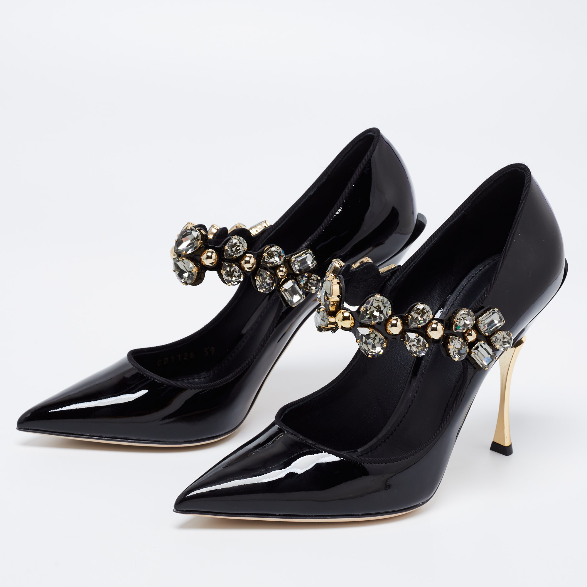 

Dolce & Gabbana Black Patent Crystal-Embellished Mary Jane Pumps Size