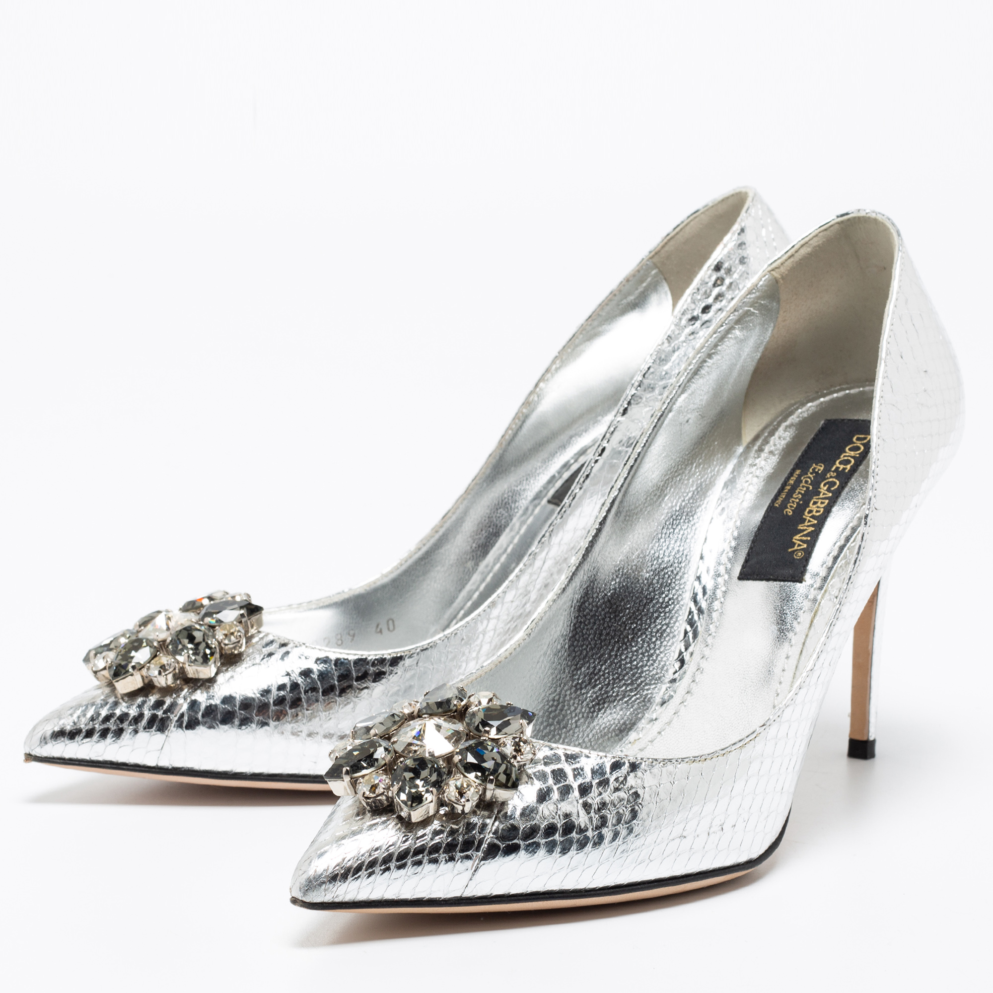 

Dolce & Gabbana Silver Snake Embossed Leather Crystal Embellishments Pointed-Toe Pumps Size