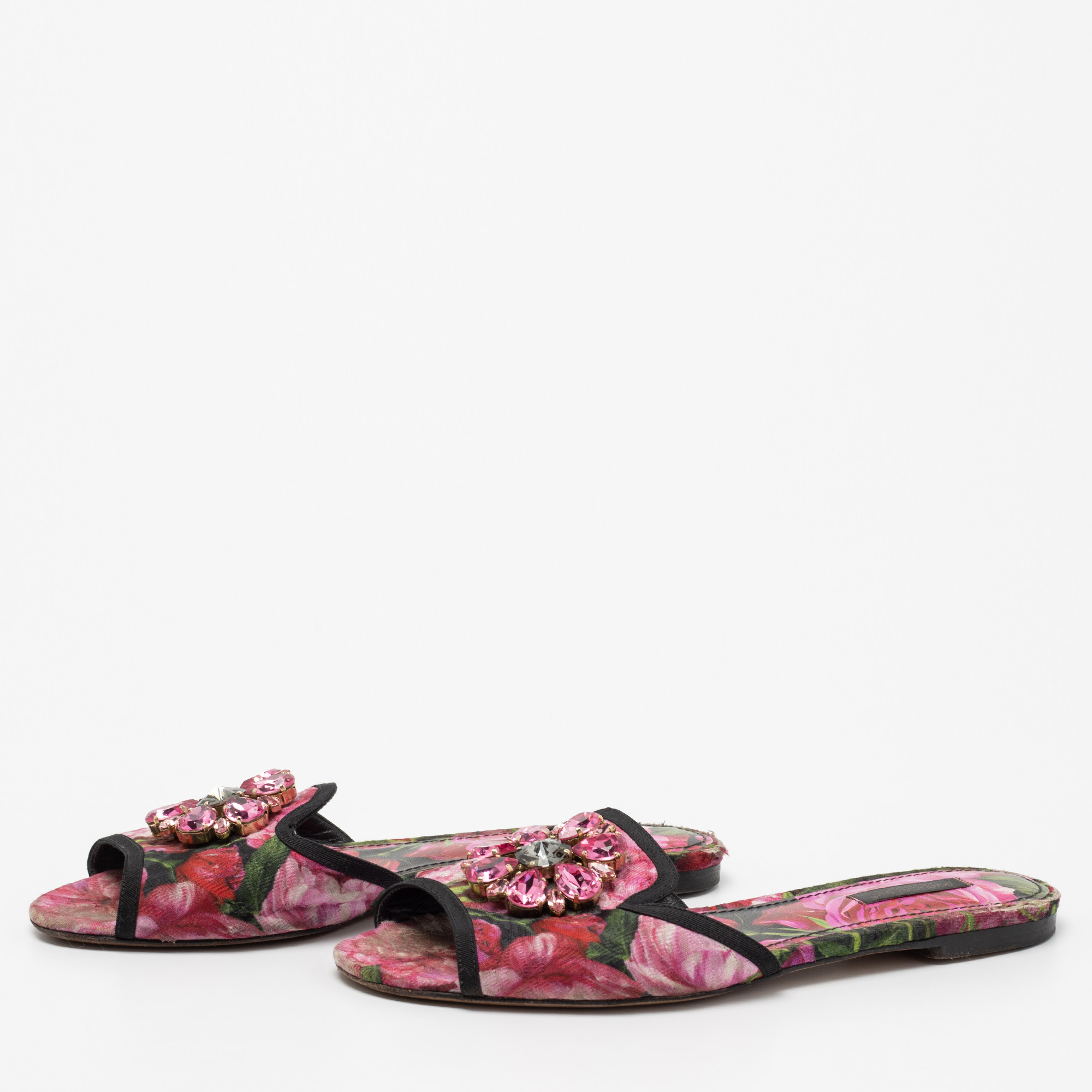 

Dolce & Gabbana Pink Printed Canvas Crystal Embellished Bianca Flat Slides Size