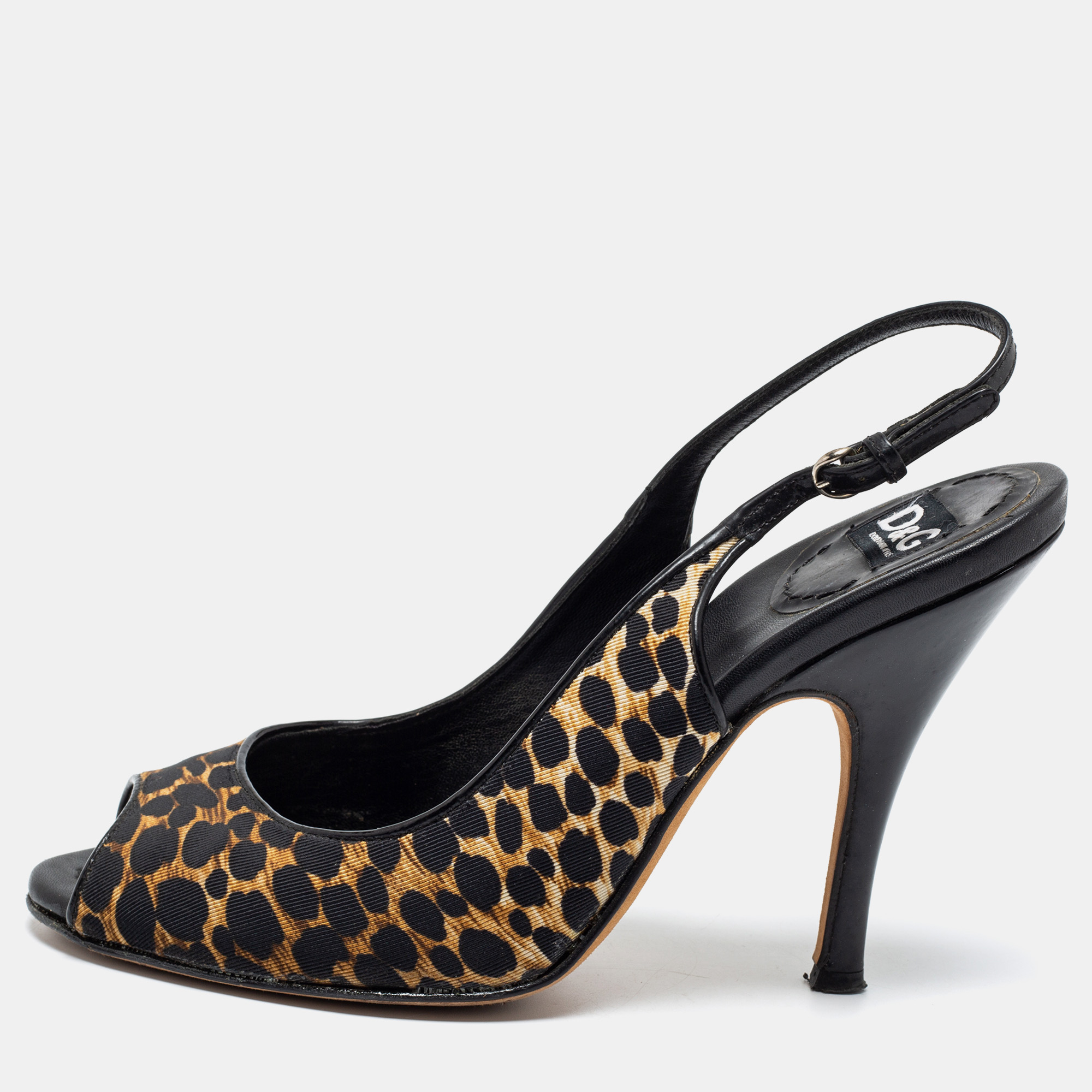 Pre Owned Dolce & Gabbana Black/Leopard Print Canvas And Leather Slingback Pumps Size 37