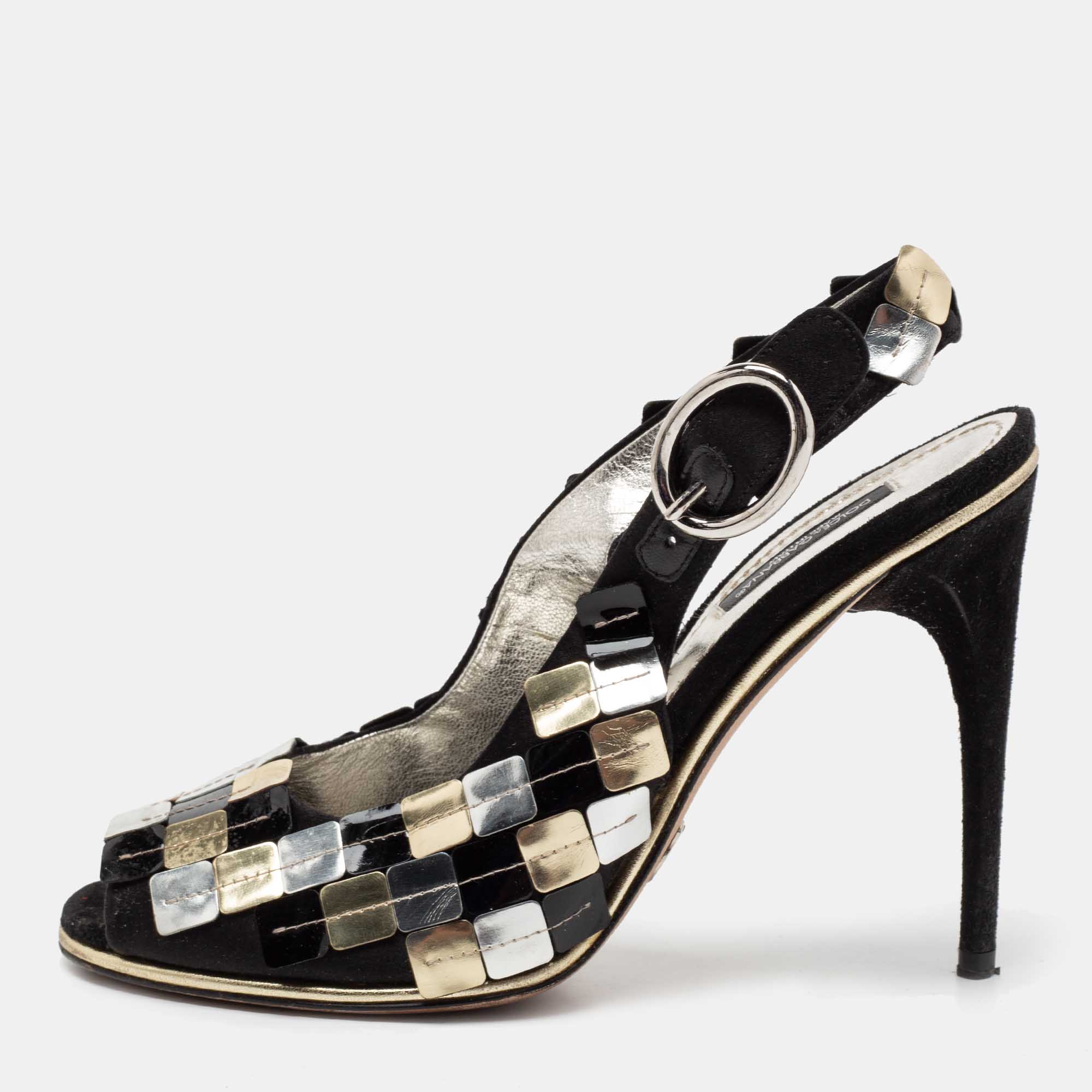 Pre-owned Dolce & Gabbana Black/golden Ankle Strap Peep Toe Sandals Size 38.5