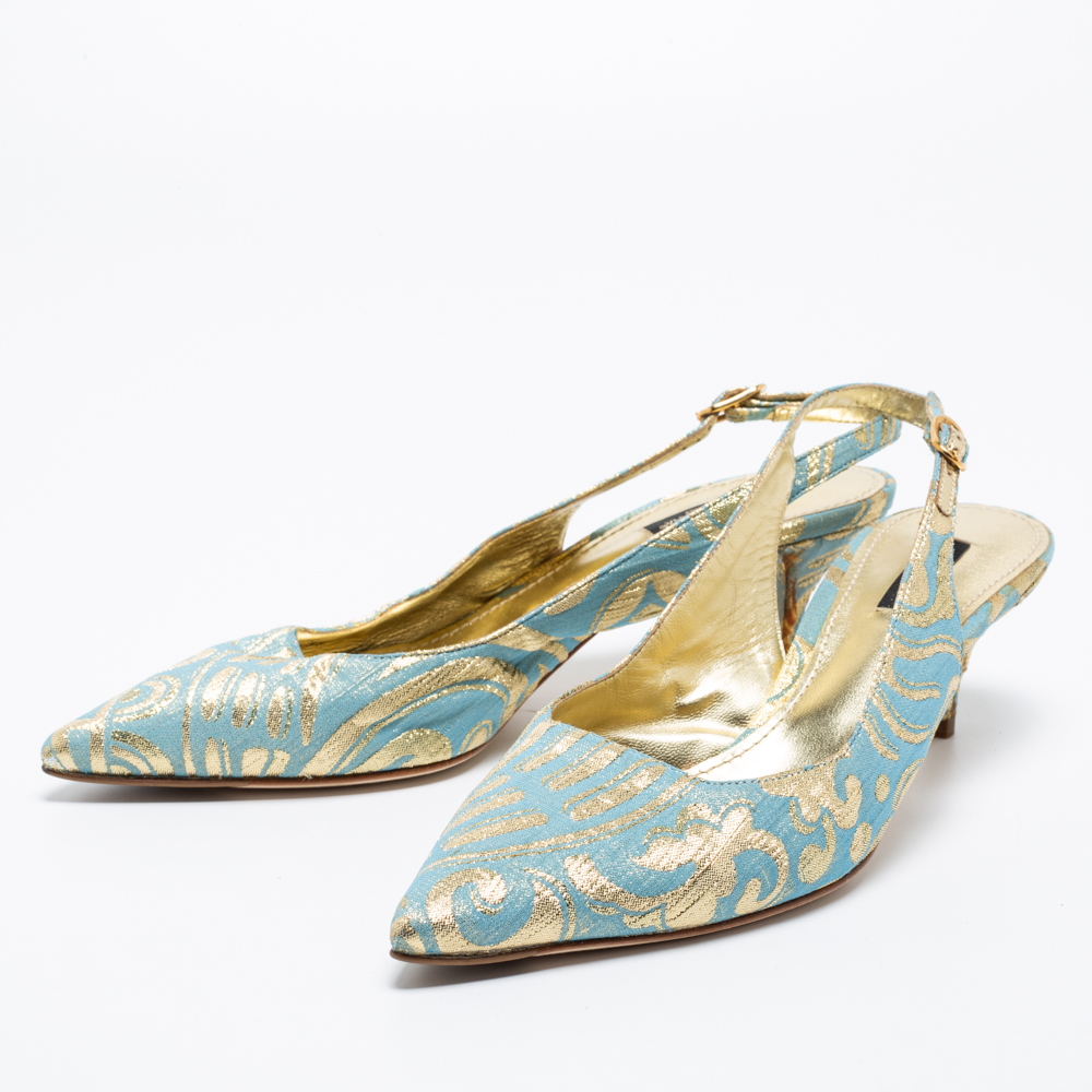 

Dolce & Gabbana Blue Print Brocade Slingback Pointed Toe Pumps Size