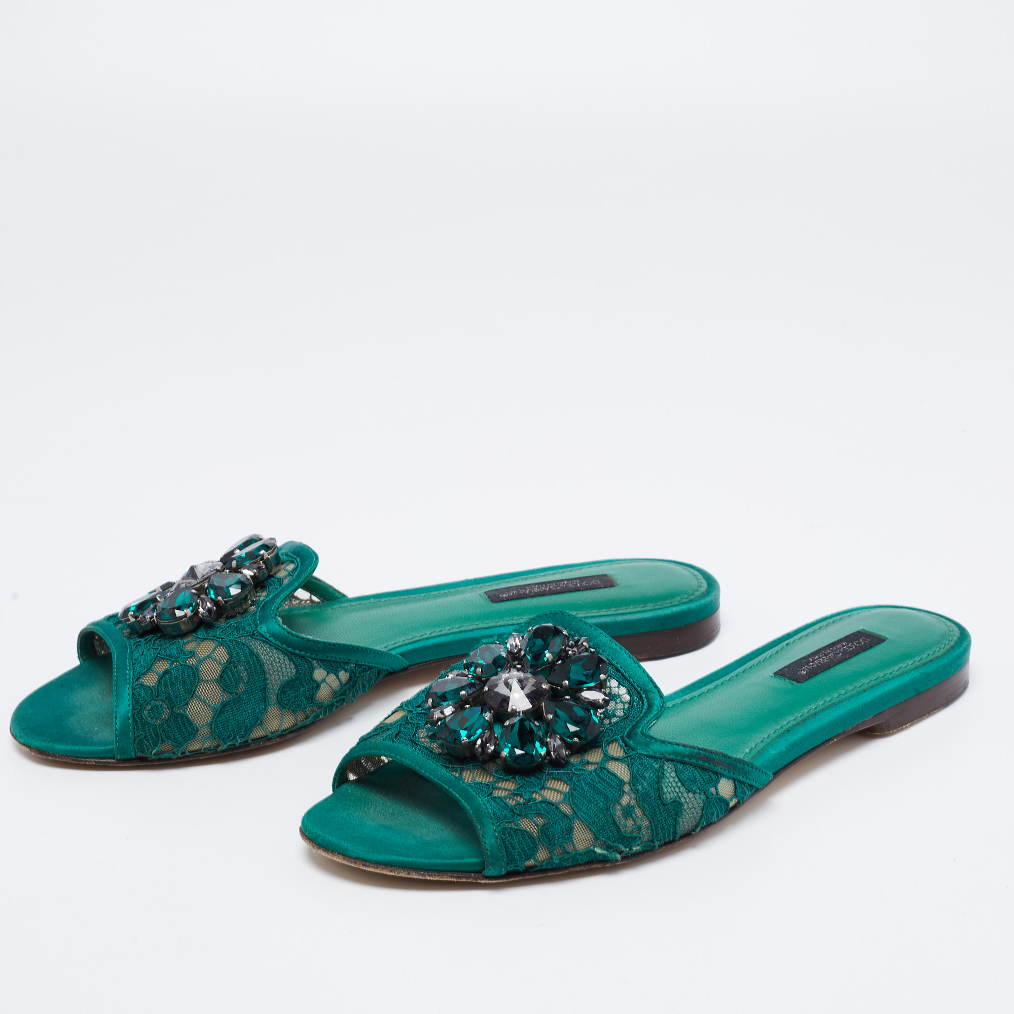 

Dolce & Gabbana Green Lace Sofia Crystal Embellished Flat Slides Size