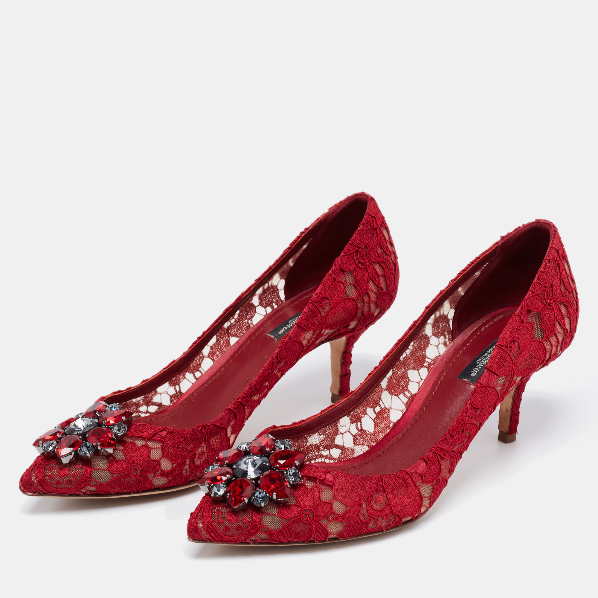 

Dolce & Gabbana Deep Red Lace Crystal Embellished Bellucci Pumps Size