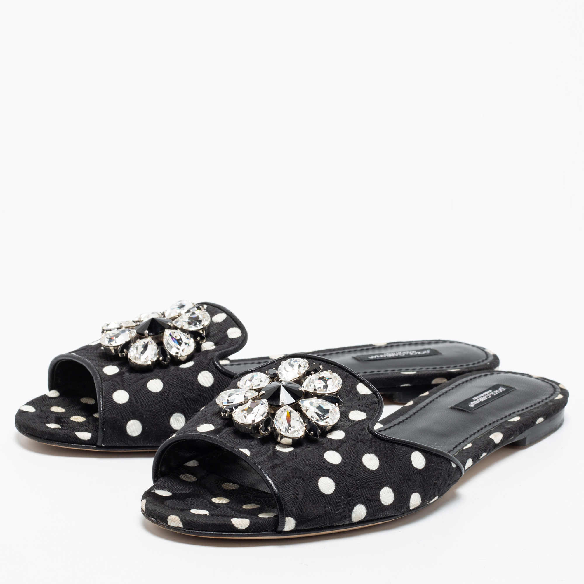 

Dolce & Gabbana Black/White Polka Dot Fabric Crystal Embellished Bianca Flat Slide Sandals Size