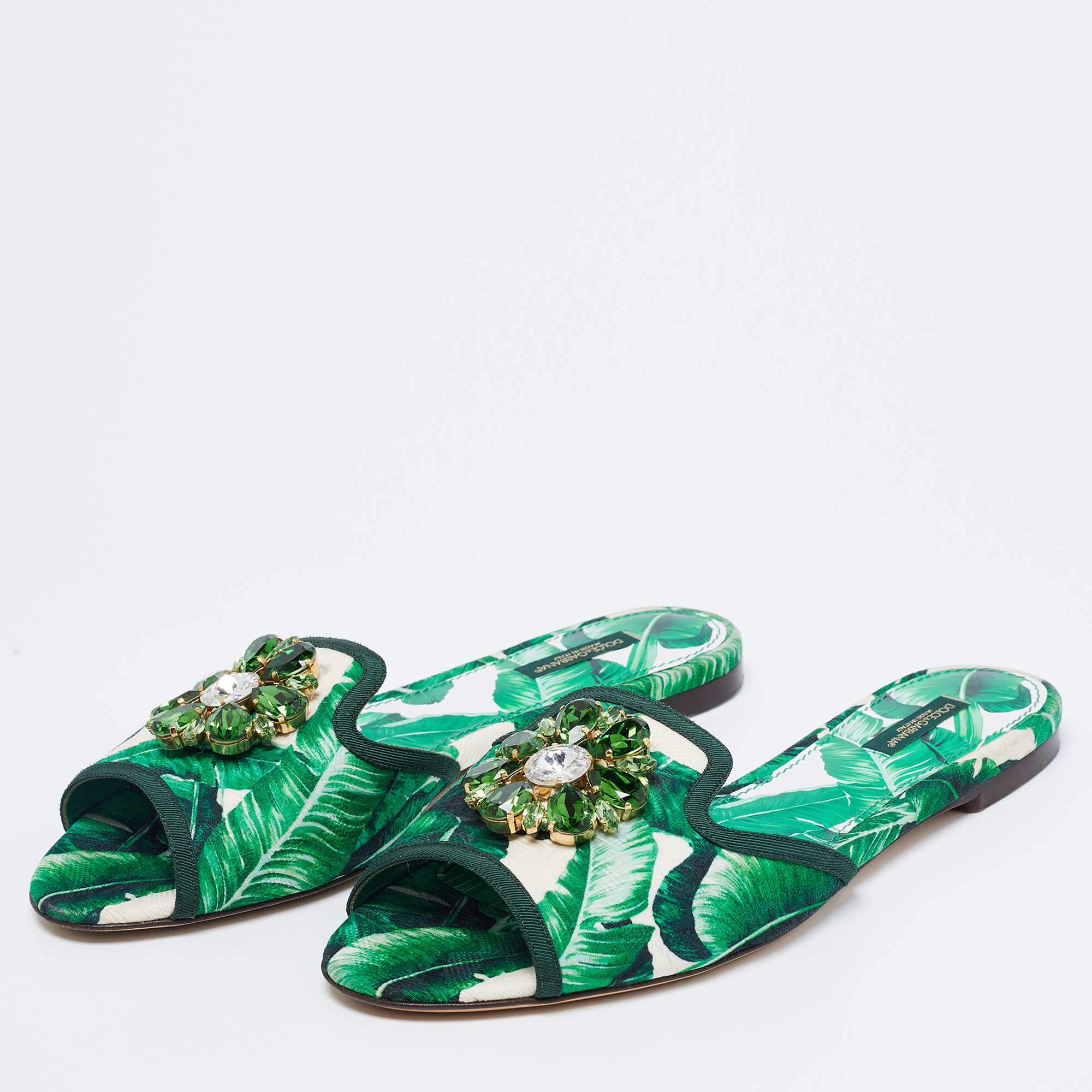 

Dolce & Gabbana Green/White Banana Leaf-Print Fabric Crystal Embellished Flats Size