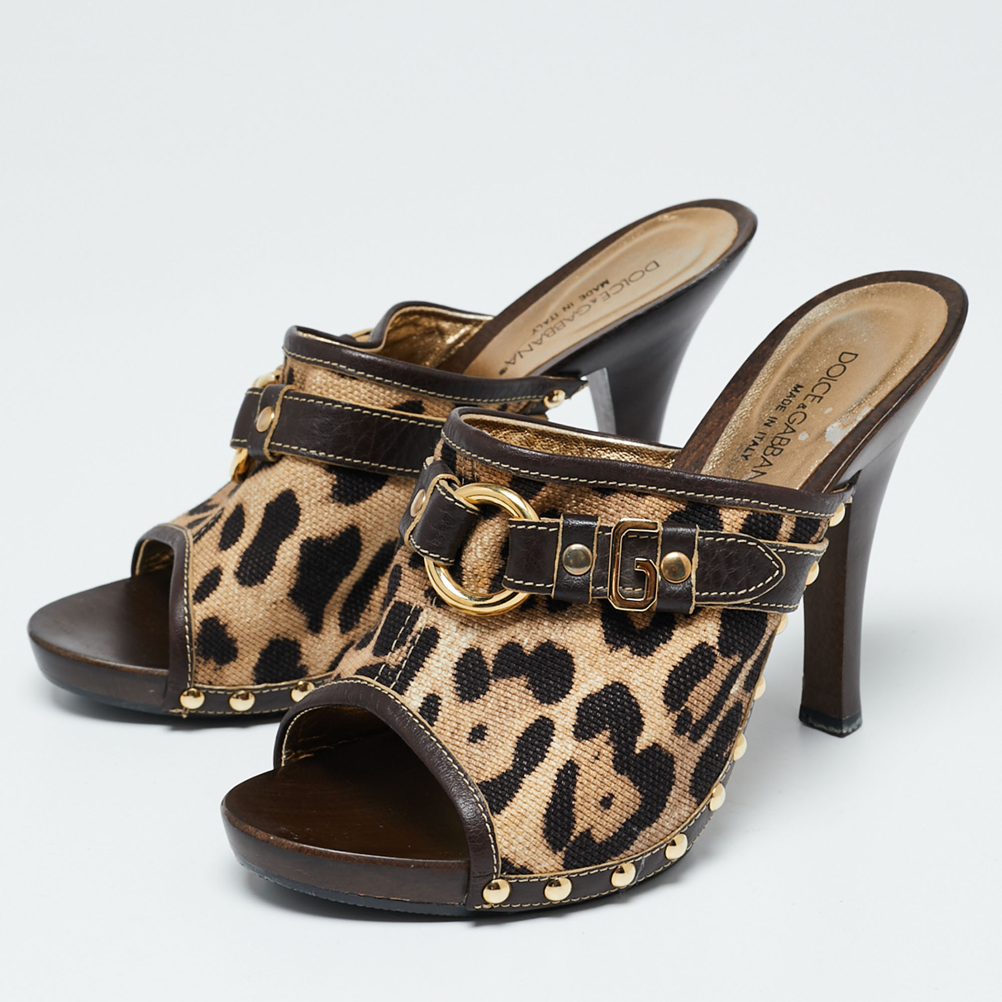 

Dolce & Gabbana Beige/Brown Leopard Print Canvas and Leather Slide Sandals Size