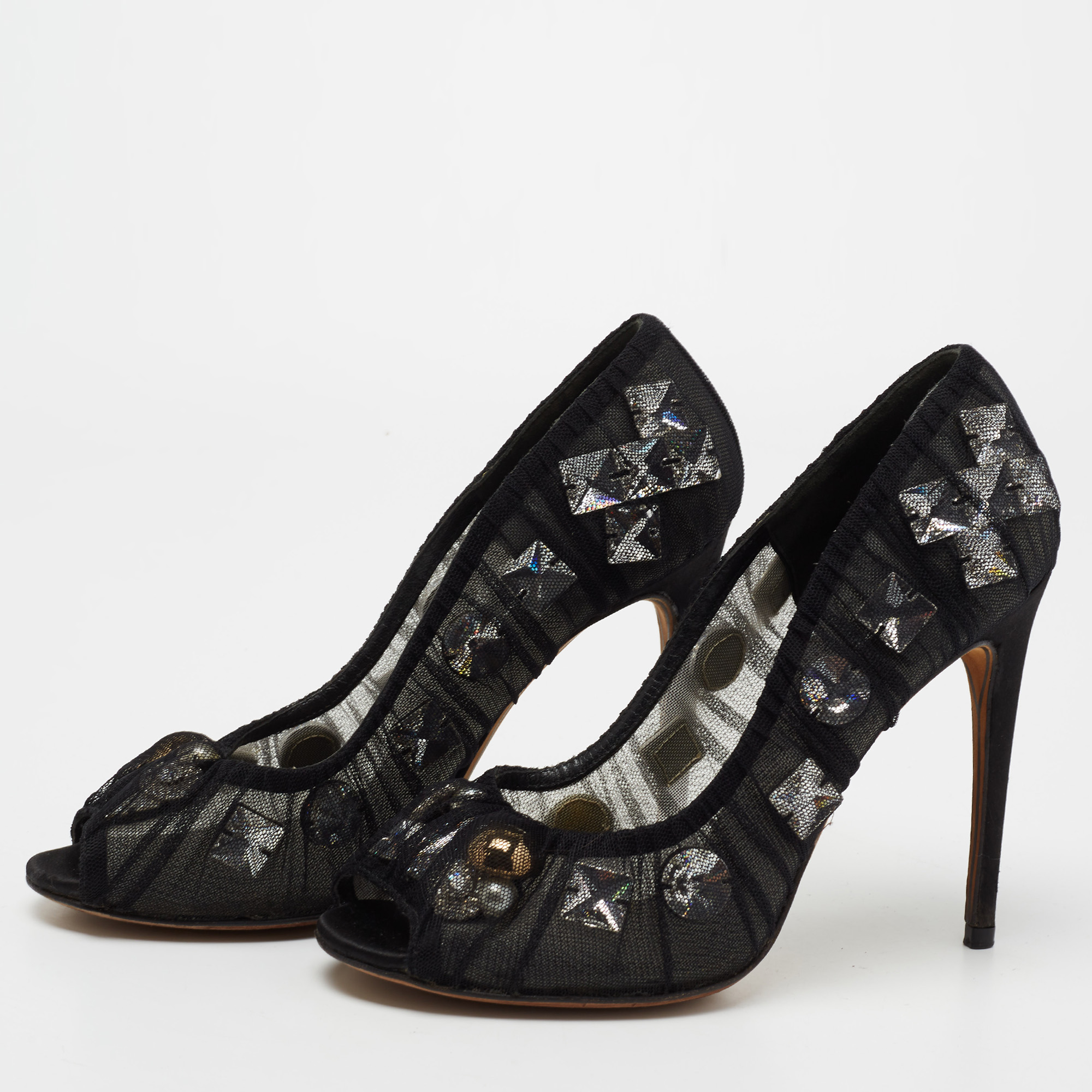 

Dolce & Gabbana Black Net Crystal Embellished Peep-Toe Pumps Size