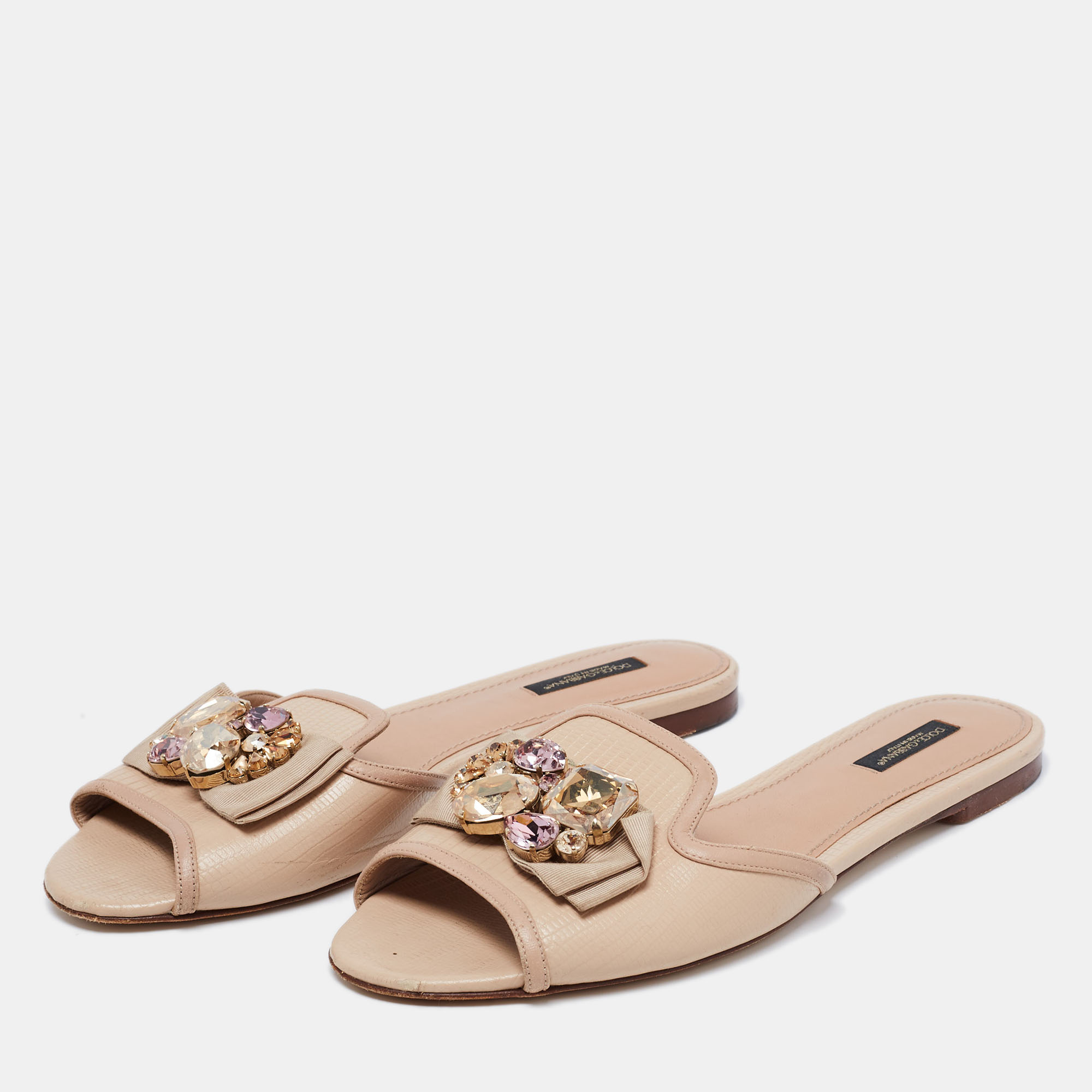 

Dolce & Gabbana Beige Lizard Embossed Leather Crystal Embellished Bow Flat Slide Sandals Size