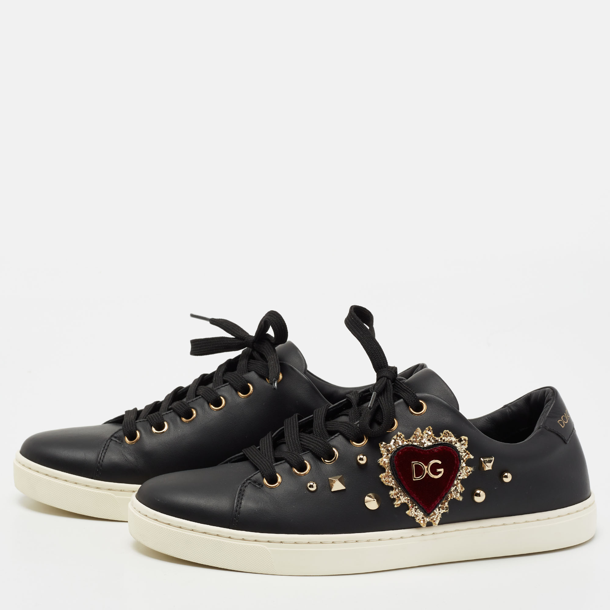 

Dolce & Gabbana Black Leather DG Heart Low-Top Sneakers Size