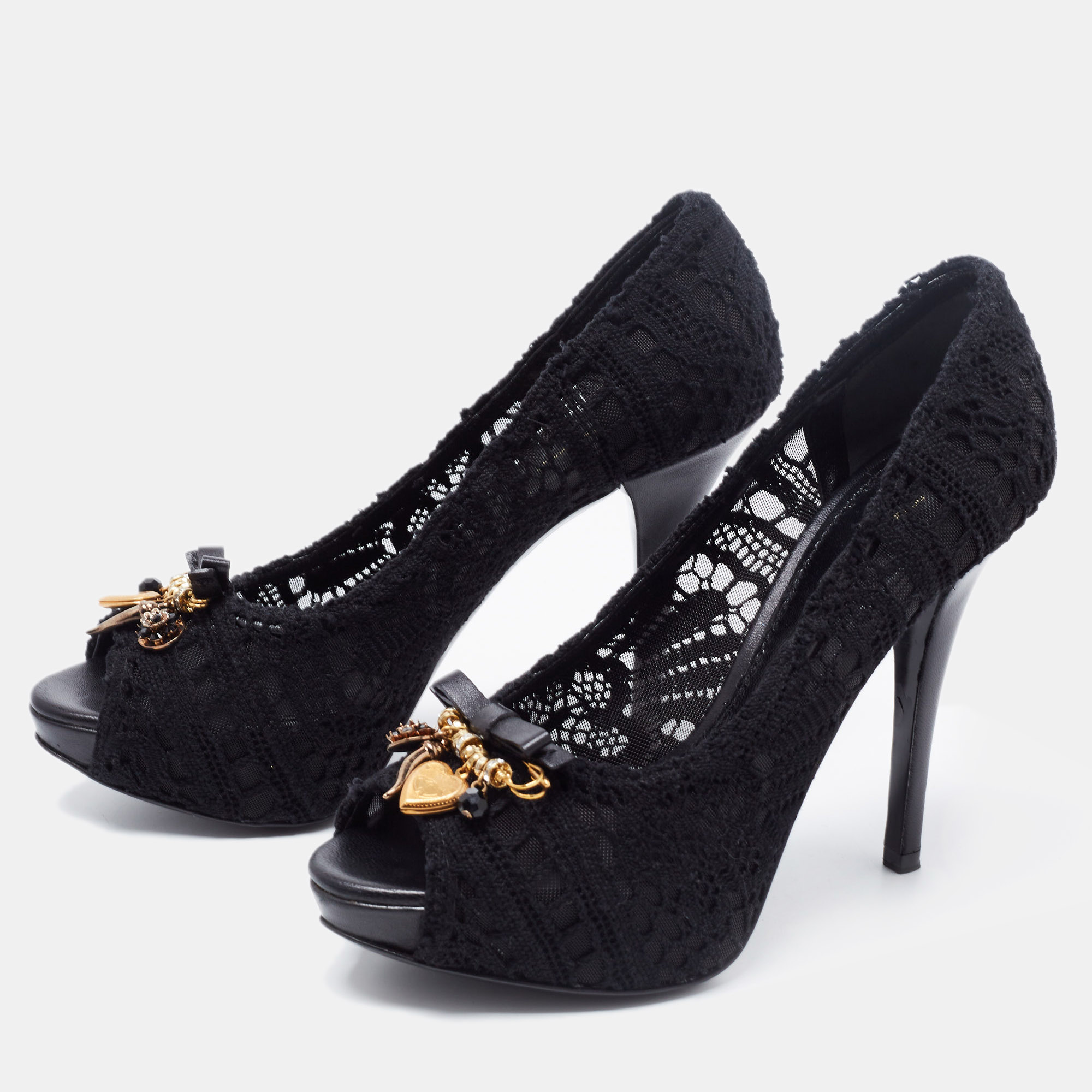 

Dolce & Gabbana Black Lace Embellished Peep Toe Pumps Size
