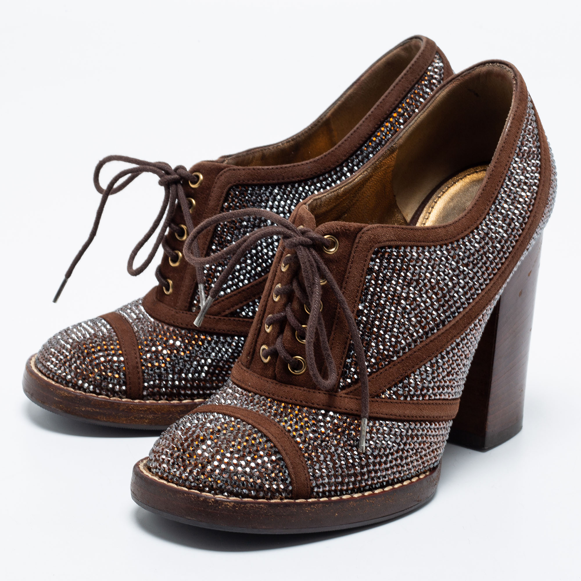 

Dolce & Gabbana Brown Suede Crystal Embellishment Lace-Up Ankle Booties Size