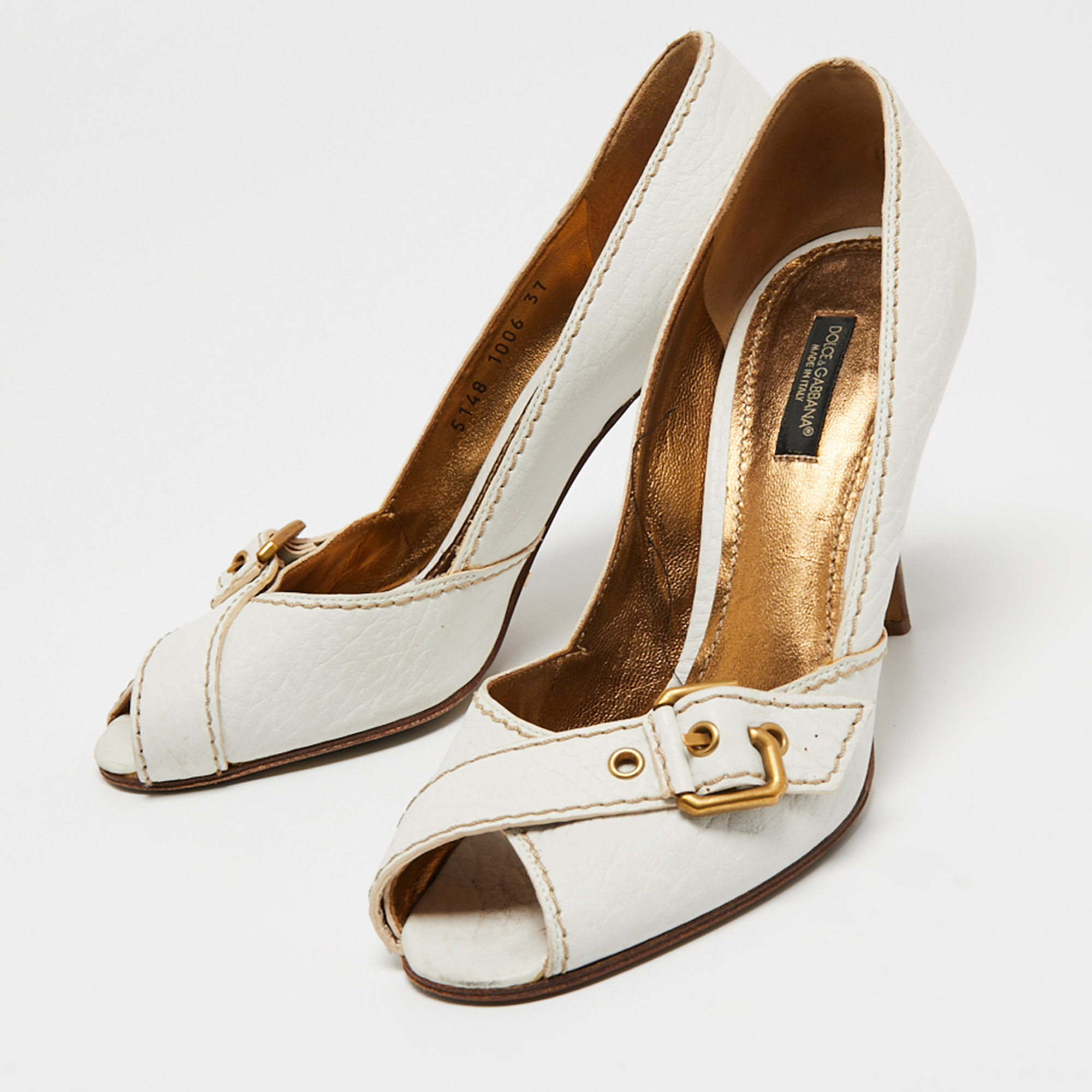 

Dolce & Gabbana White Leather Buckle Detail Peep Toe Pumps Size