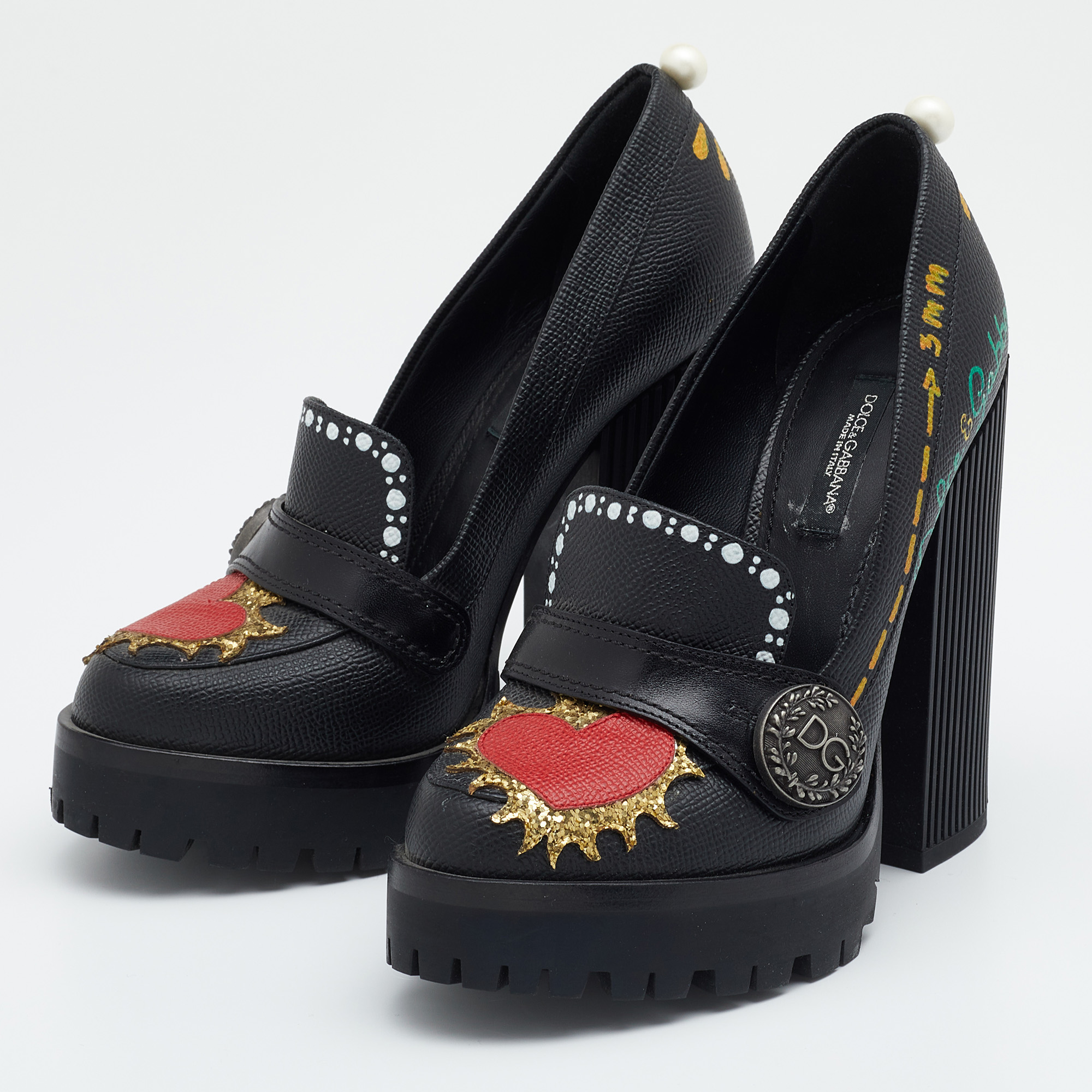 

Dolce & Gabbana Black Leather Edna Hand Printed Block Heel Loafer Pumps Size