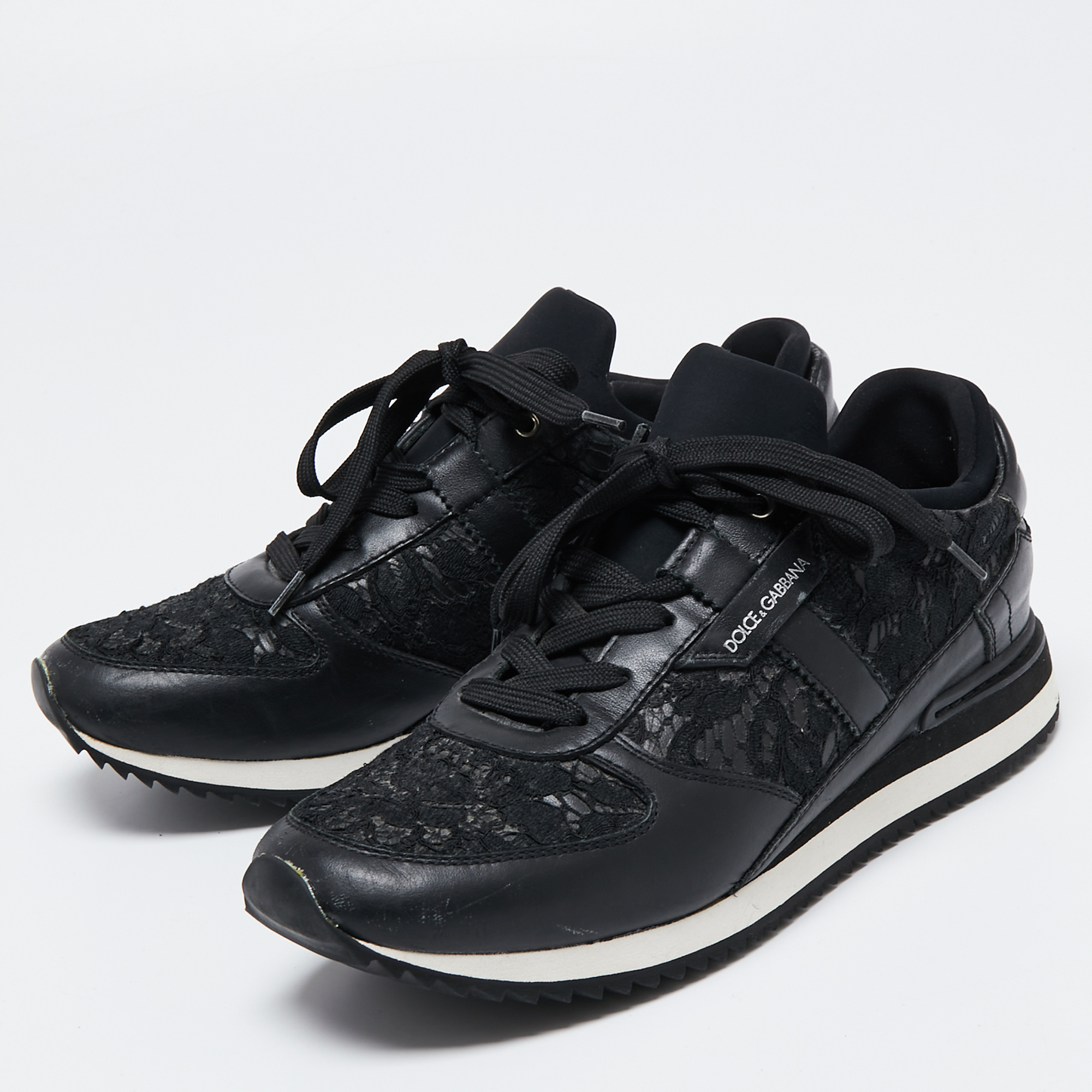 

Dolce & Gabbana Black Leather And Lace Sneakers Size
