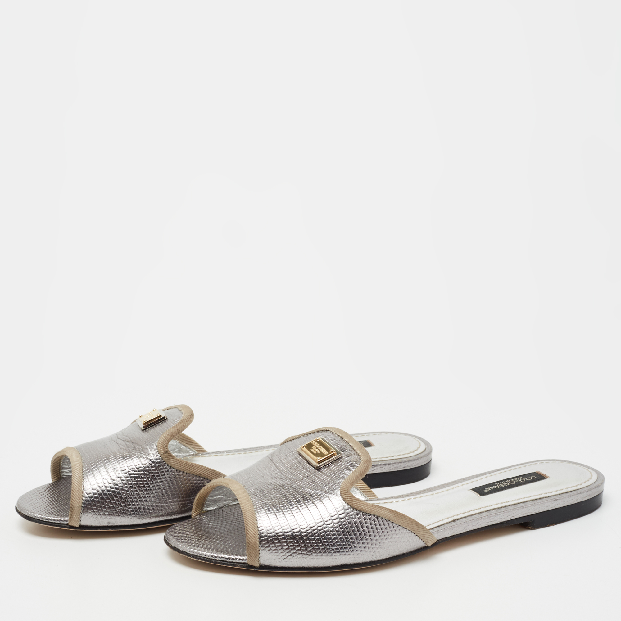 

Dolce & Gabbana Silver Lizard Embossed Leather Flat Slides Size