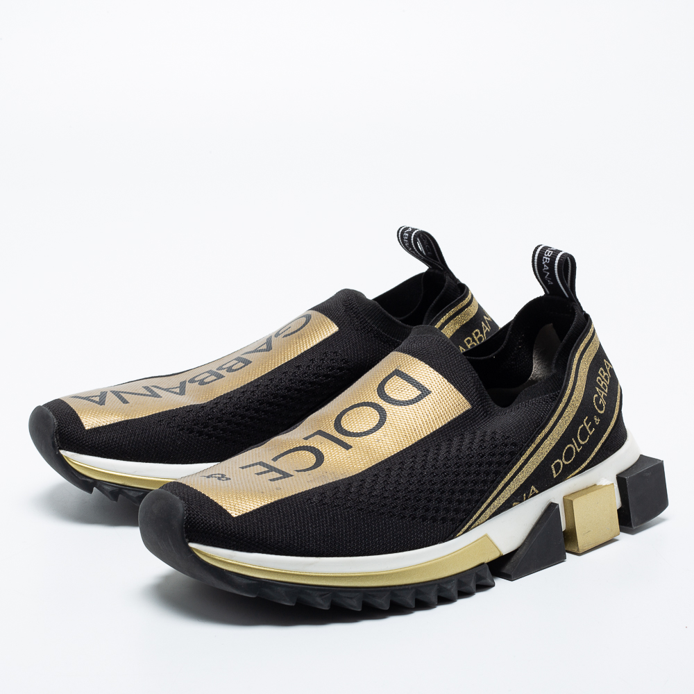 

Dolce & Gabbana Black Knit Fabric Sorrento Logo Slip-On Sneakers Size