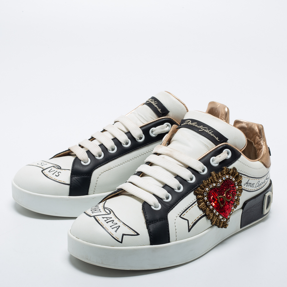 

Dolce & Gabbana White Printed Leather Portofino Heart Embroidered Low-Top Sneakers Size