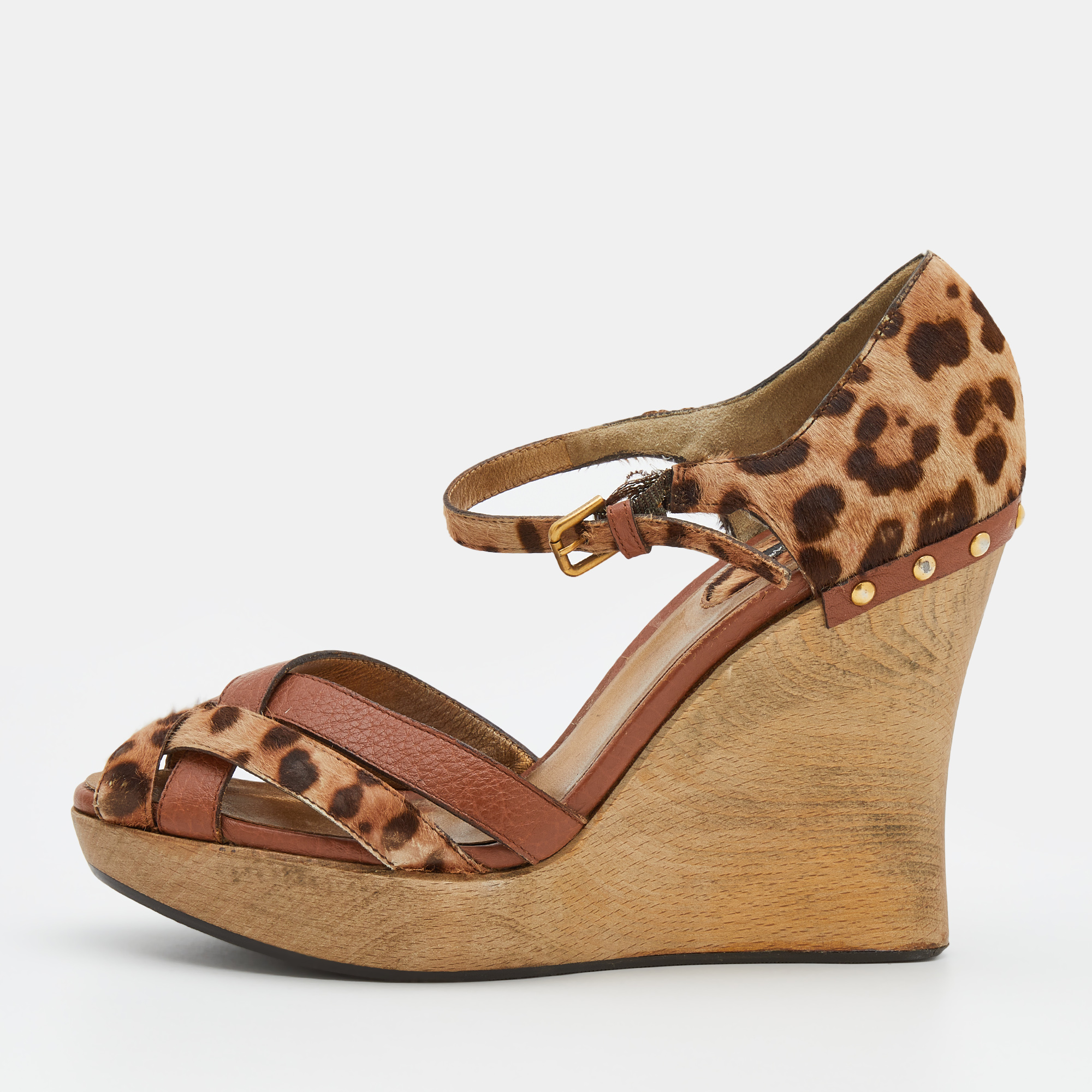 

Dolce & Gabbana Brown Leather And Leopard Print Calf Hair Ankle Strap Wedge Sandals Size