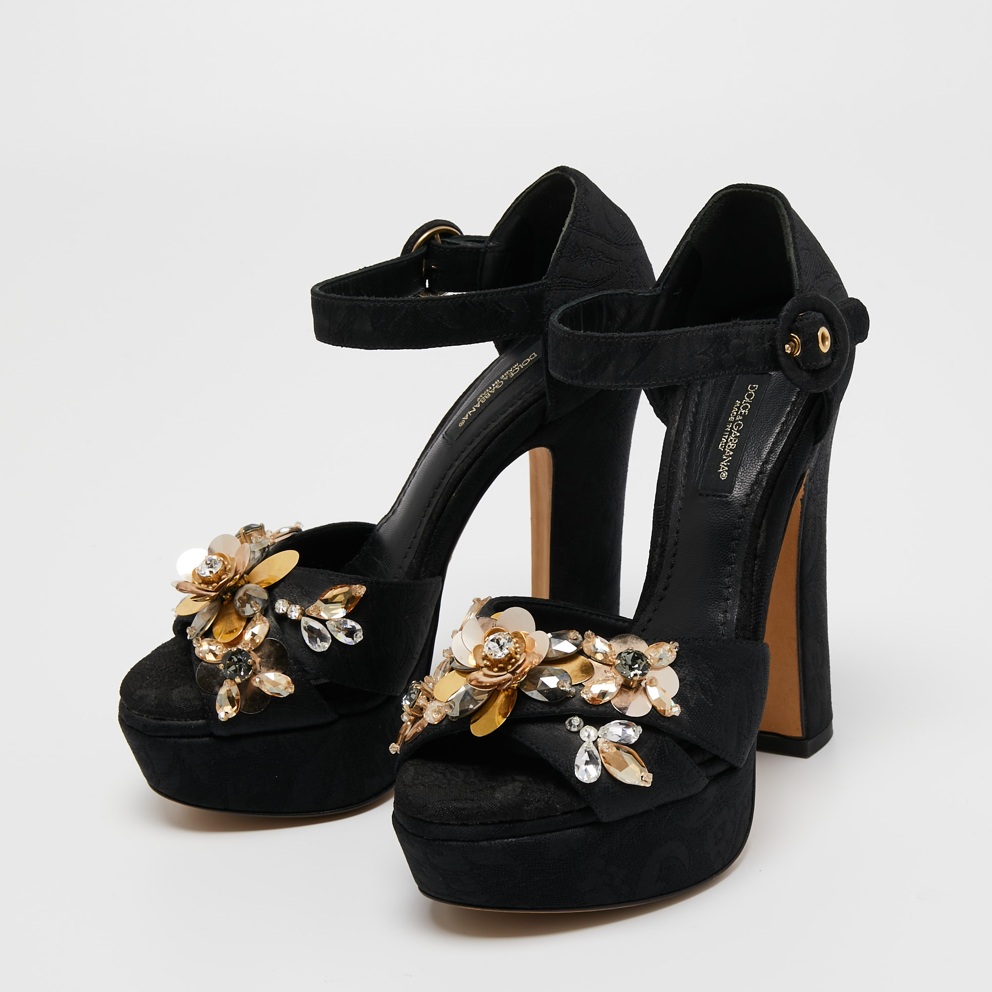 

Dolce & Gabbana Black Brocade Fabric Embellished Cross Strap Platform Sandals Size