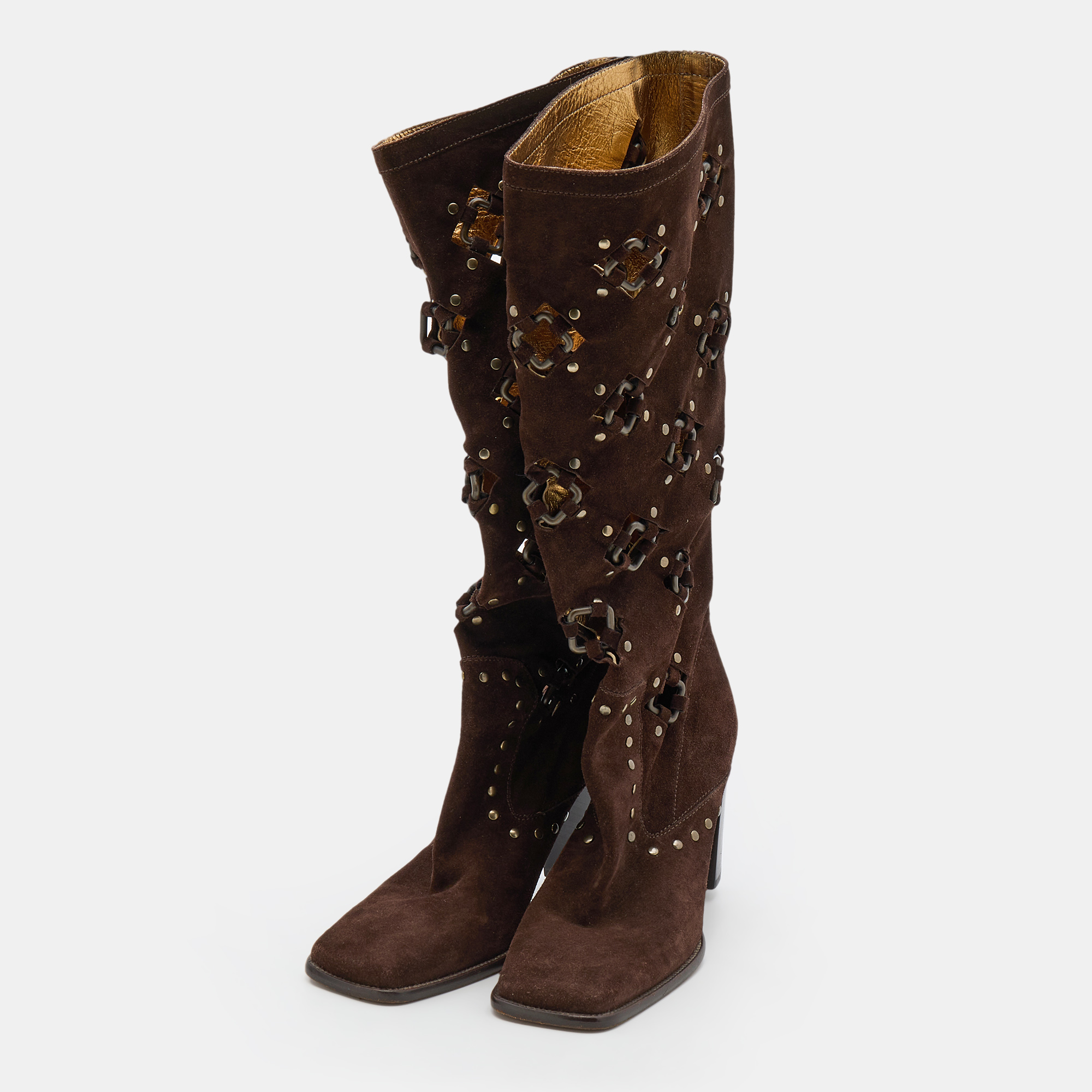 

Dolce & Gabbana Brown Suede Embellished Knee Length Boots Size