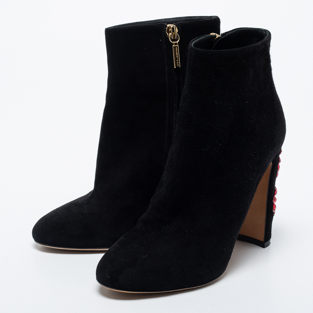 

Dolce & Gabbana Black Suede Jewel Heel Ankle Boots Size