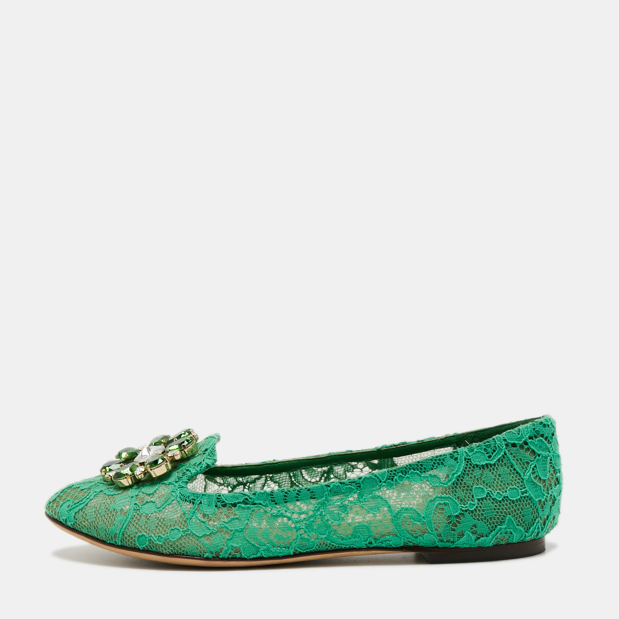 Pre-owned Dolce & Gabbana Green Lace Crystal Embellished Taormina Ballet Flats Size 40